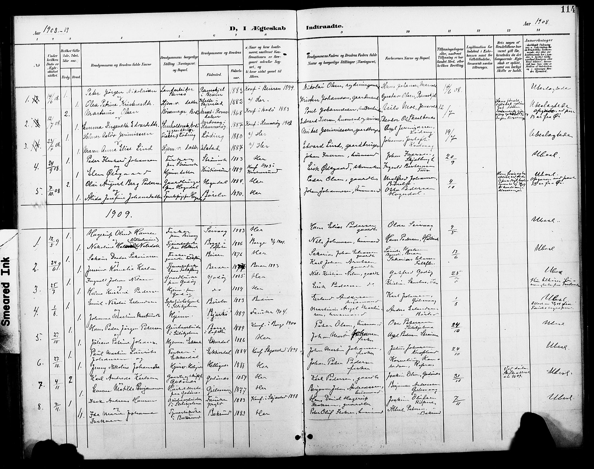 Ministerialprotokoller, klokkerbøker og fødselsregistre - Nordland, SAT/A-1459/804/L0088: Parish register (copy) no. 804C01, 1901-1917, p. 114