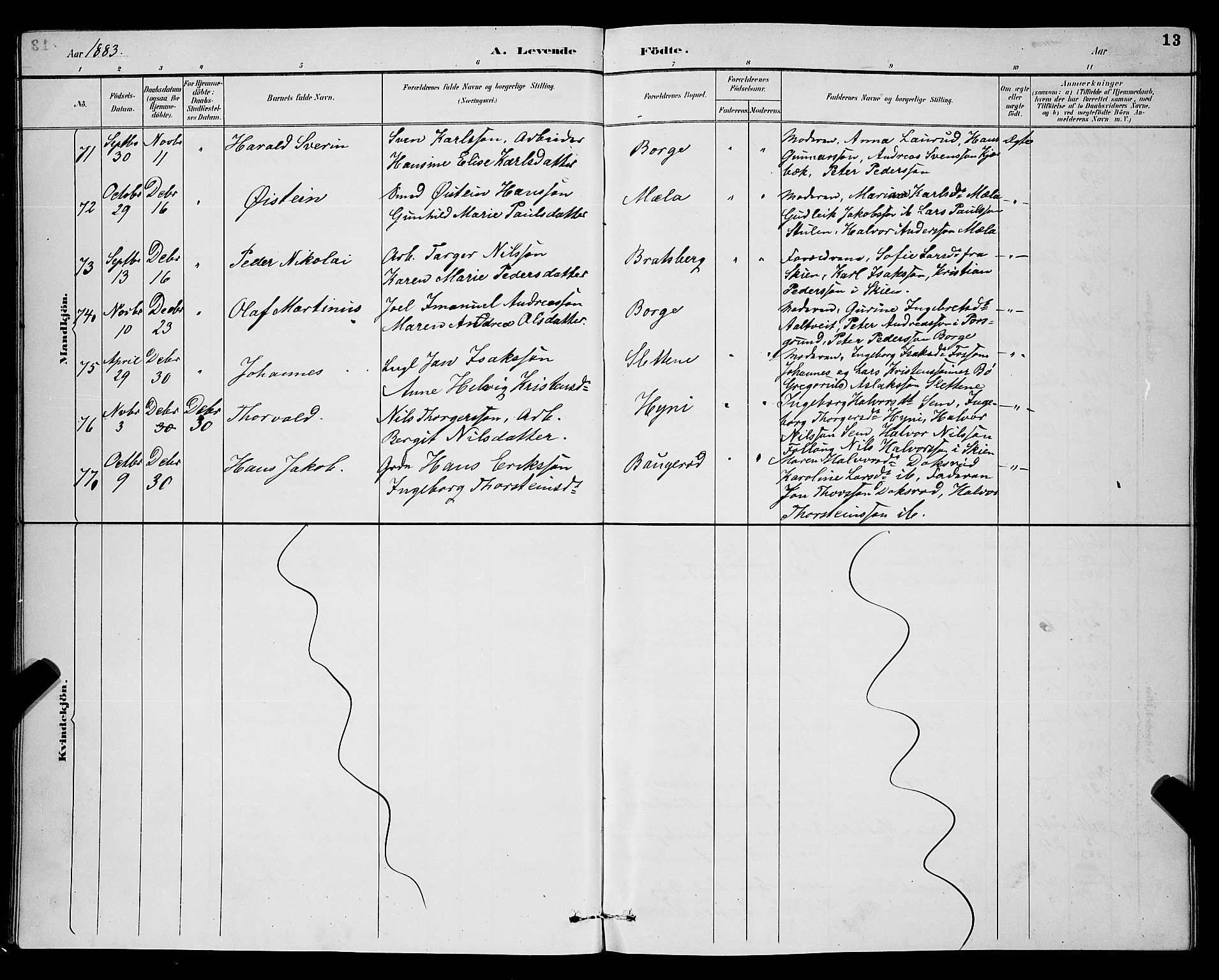Gjerpen kirkebøker, SAKO/A-265/G/Ga/L0002: Parish register (copy) no. I 2, 1883-1900, p. 13