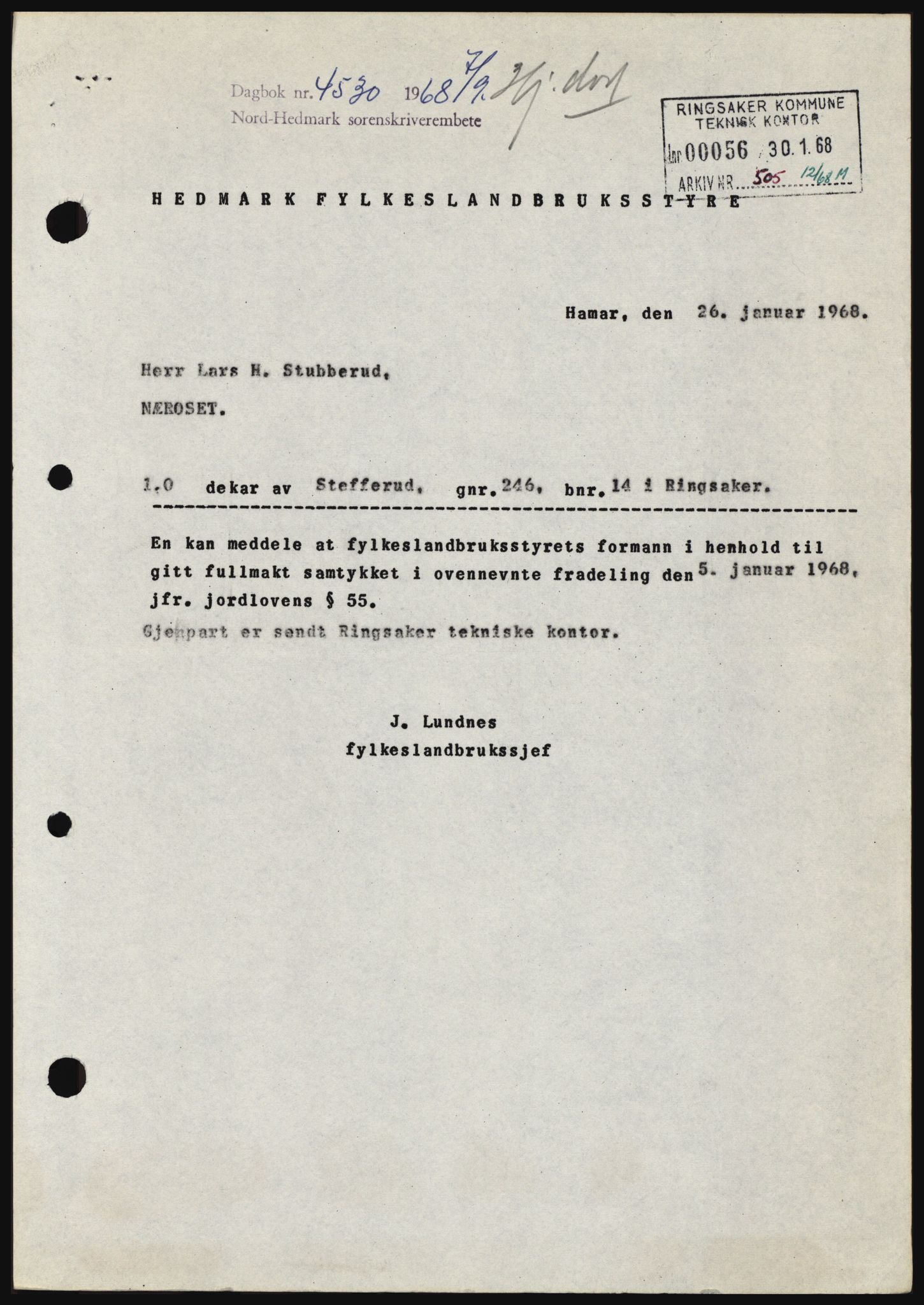 Nord-Hedmark sorenskriveri, SAH/TING-012/H/Hc/L0028: Mortgage book no. 28, 1968-1968, Diary no: : 4530/1968