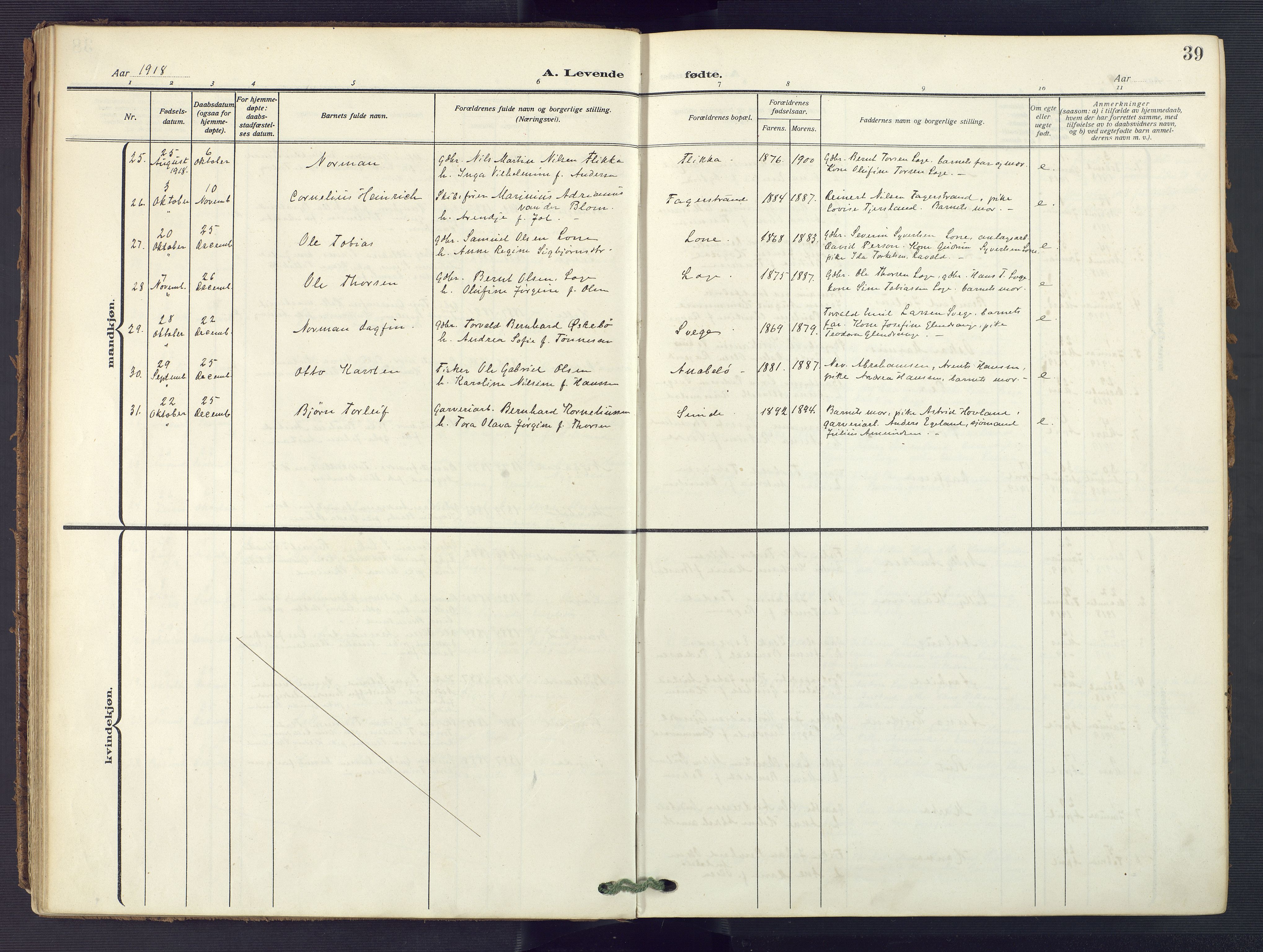 Flekkefjord sokneprestkontor, AV/SAK-1111-0012/F/Fa/Fac/L0010: Parish register (official) no. A 10, 1910-1927, p. 39