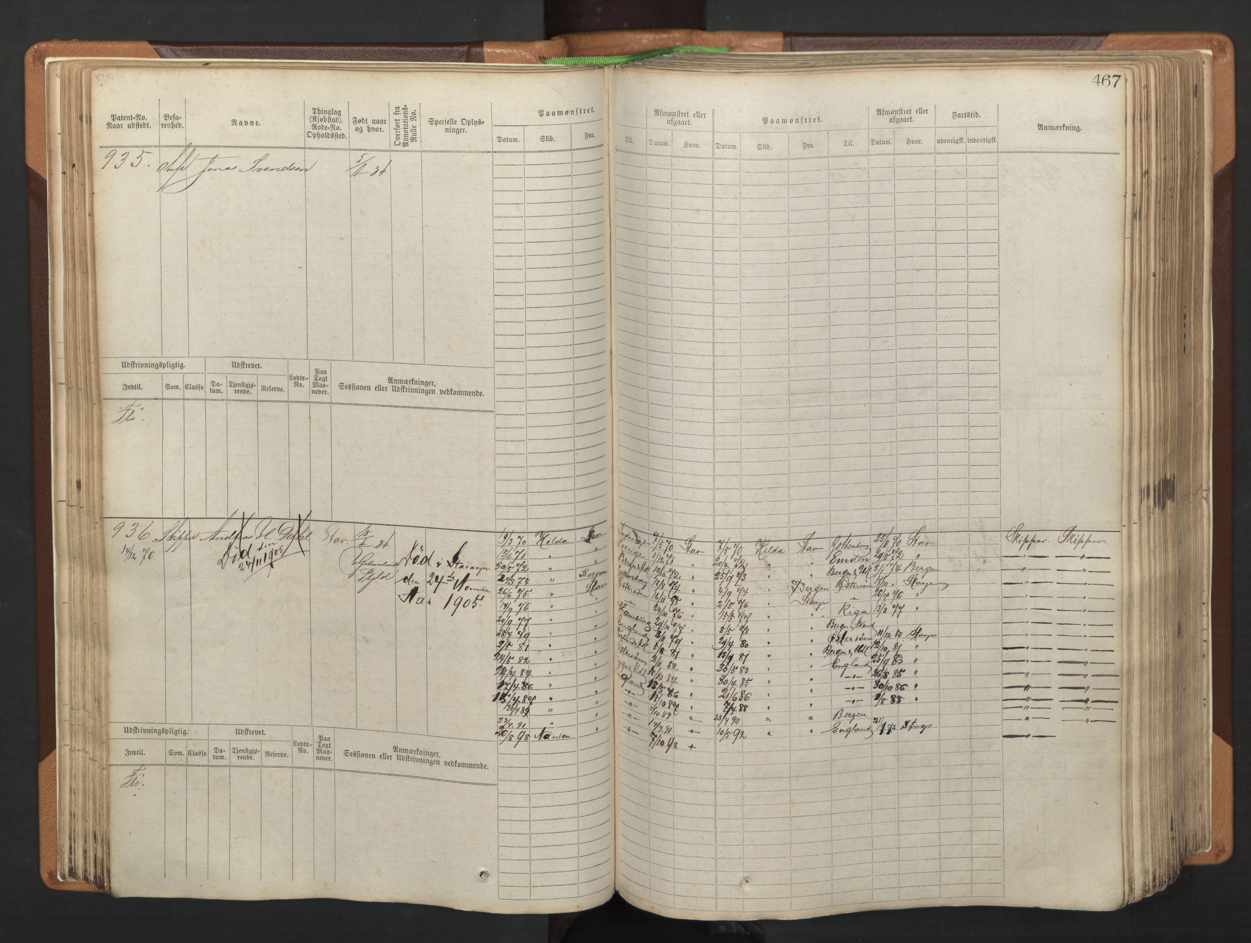 Stavanger sjømannskontor, AV/SAST-A-102006/F/Fb/Fbb/L0005: Sjøfartshovedrulle, patentnr. 793-1606 (del 2), 1869-1880, p. 77