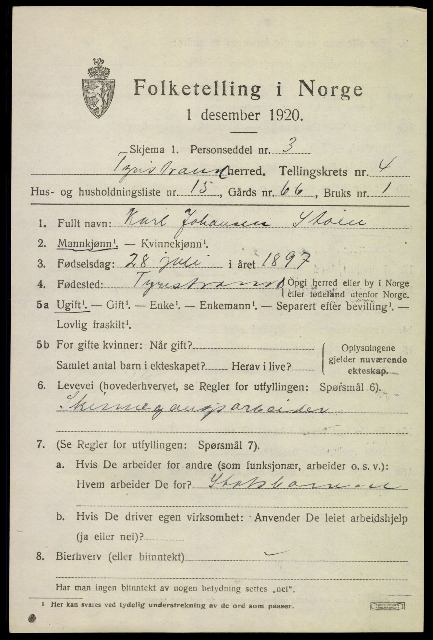 SAKO, 1920 census for Tyristrand, 1920, p. 3158