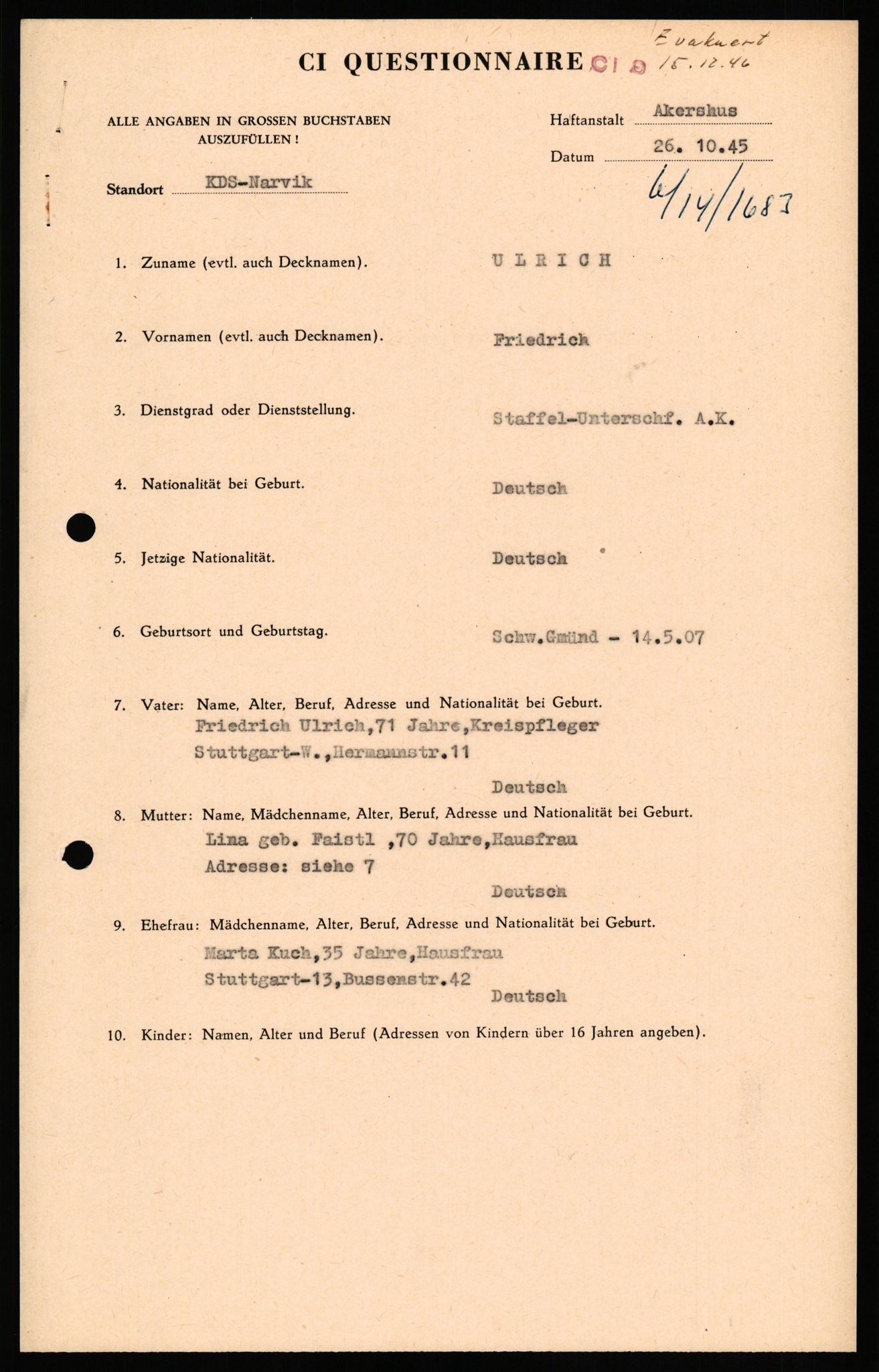 Forsvaret, Forsvarets overkommando II, AV/RA-RAFA-3915/D/Db/L0034: CI Questionaires. Tyske okkupasjonsstyrker i Norge. Tyskere., 1945-1946, p. 167