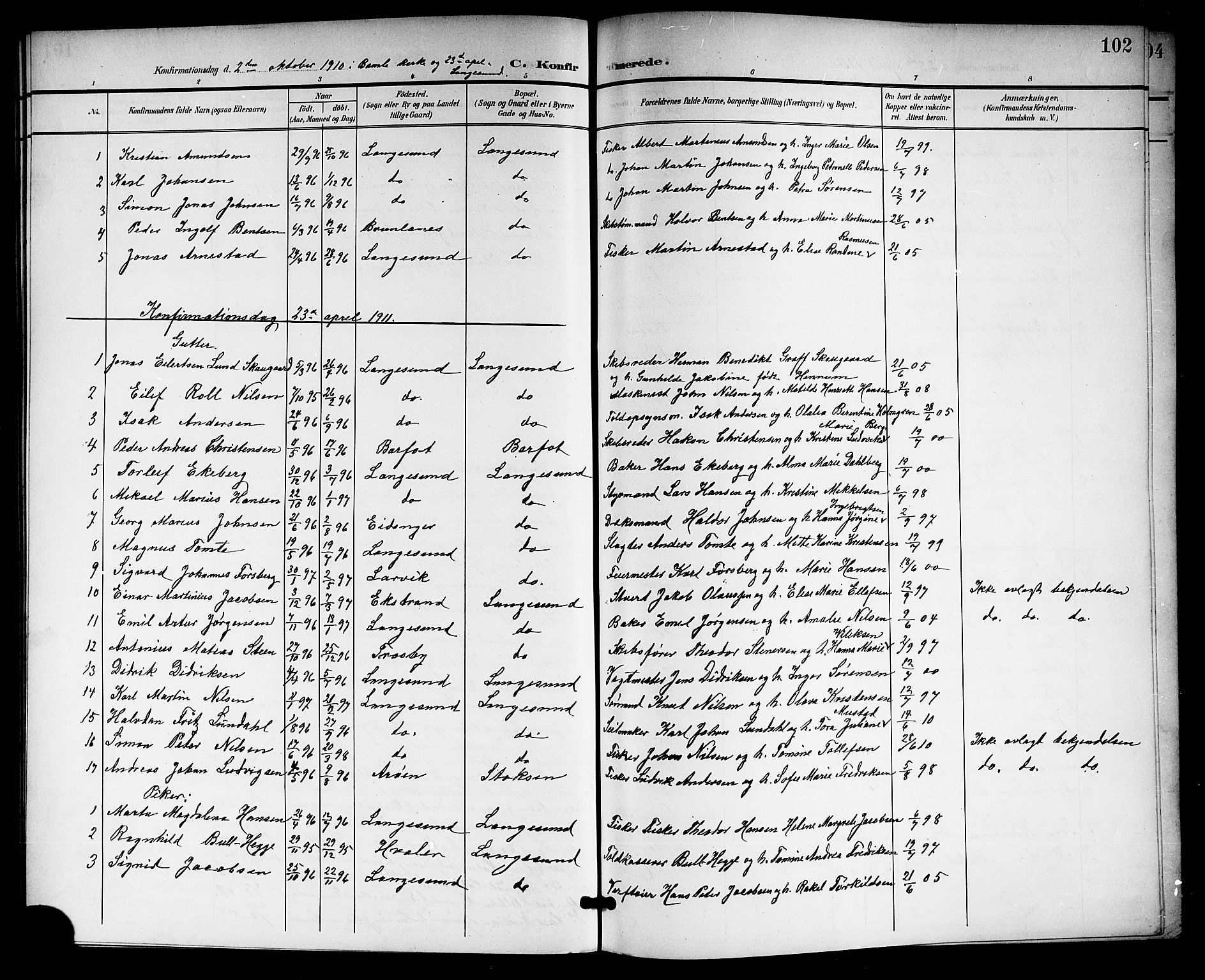 Langesund kirkebøker, SAKO/A-280/G/Ga/L0006: Parish register (copy) no. 6, 1899-1918, p. 102