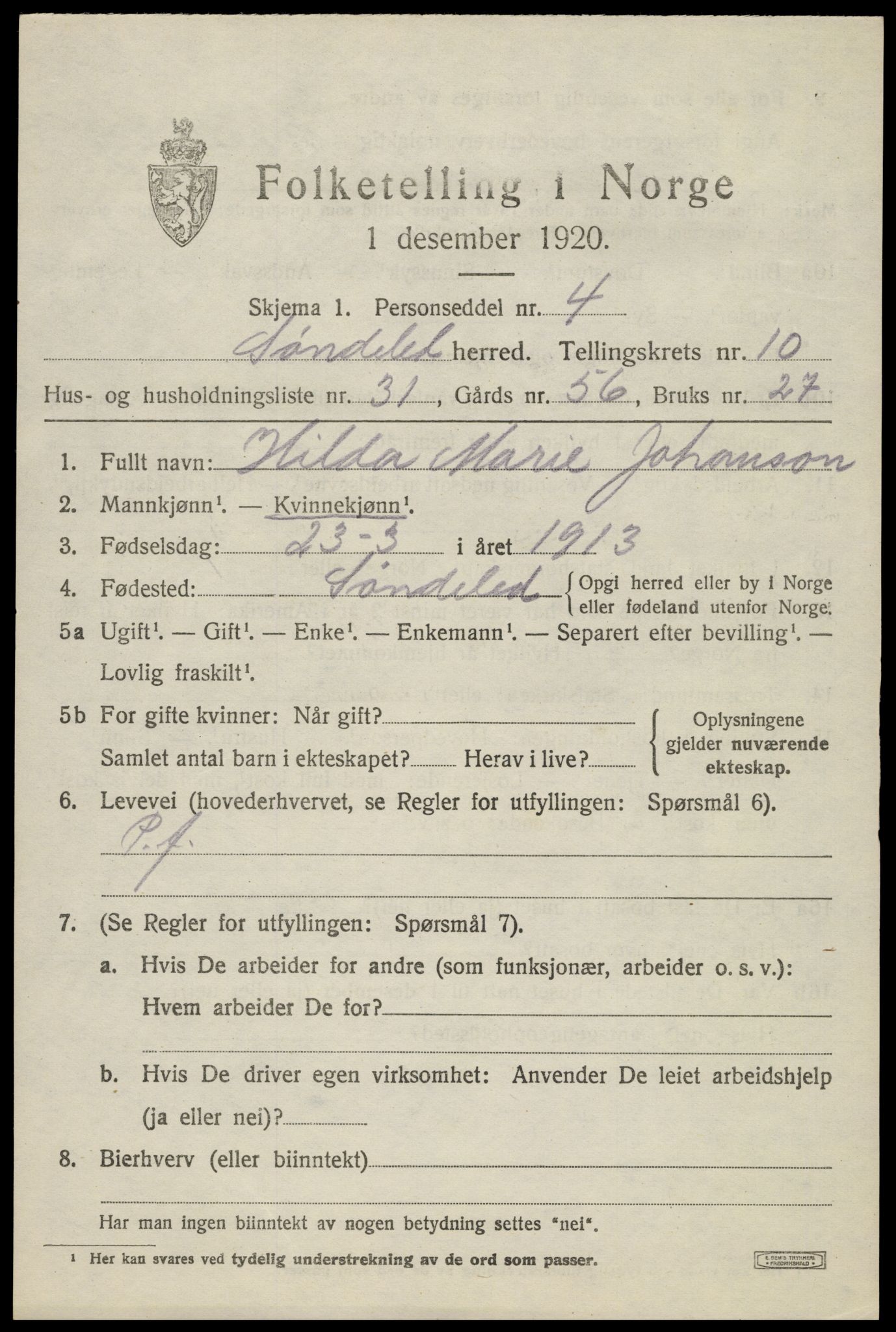 SAK, 1920 census for Søndeled, 1920, p. 5319