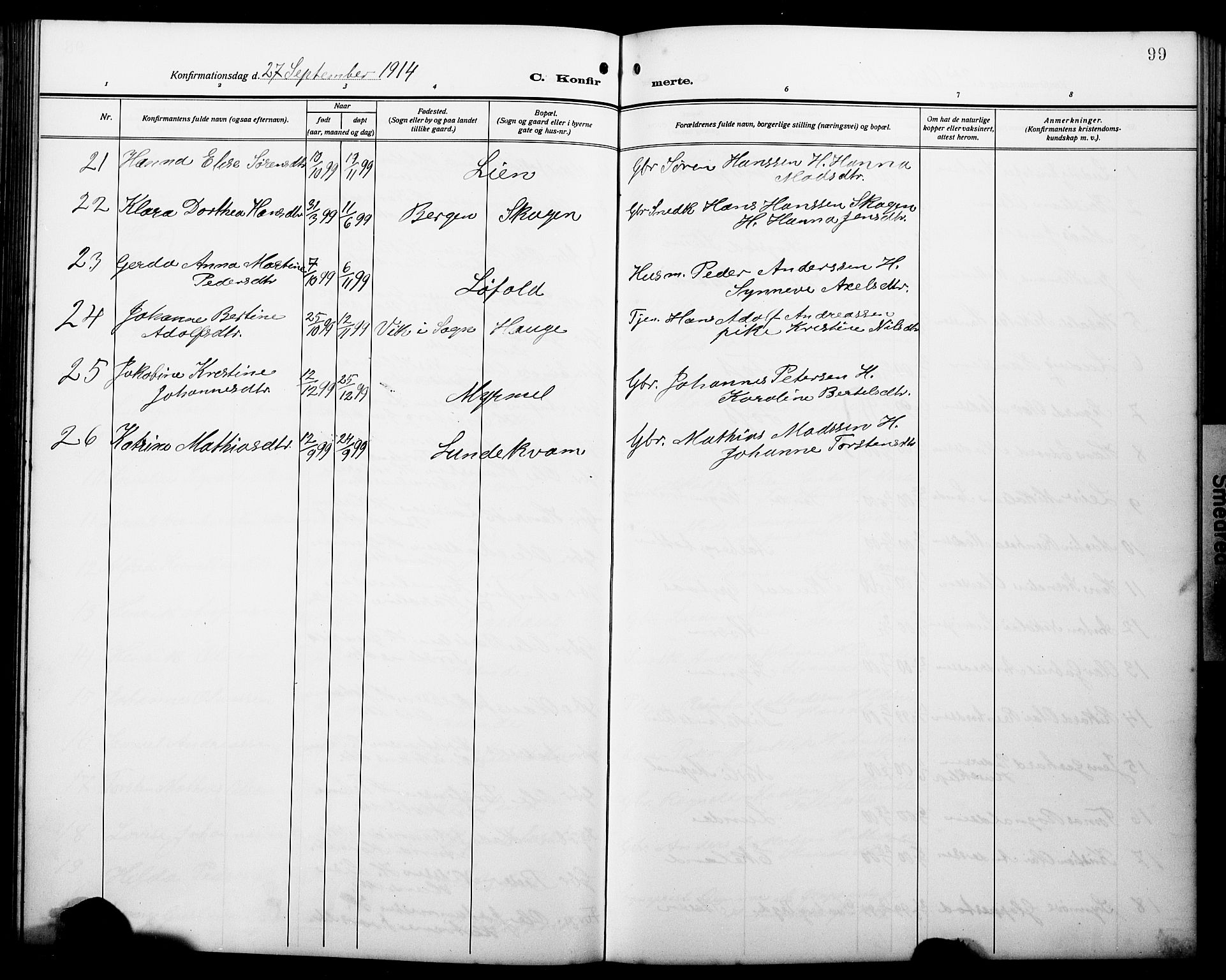 Gaular sokneprestembete, AV/SAB-A-80001/H/Hab: Parish register (copy) no. A 5, 1912-1930, p. 99