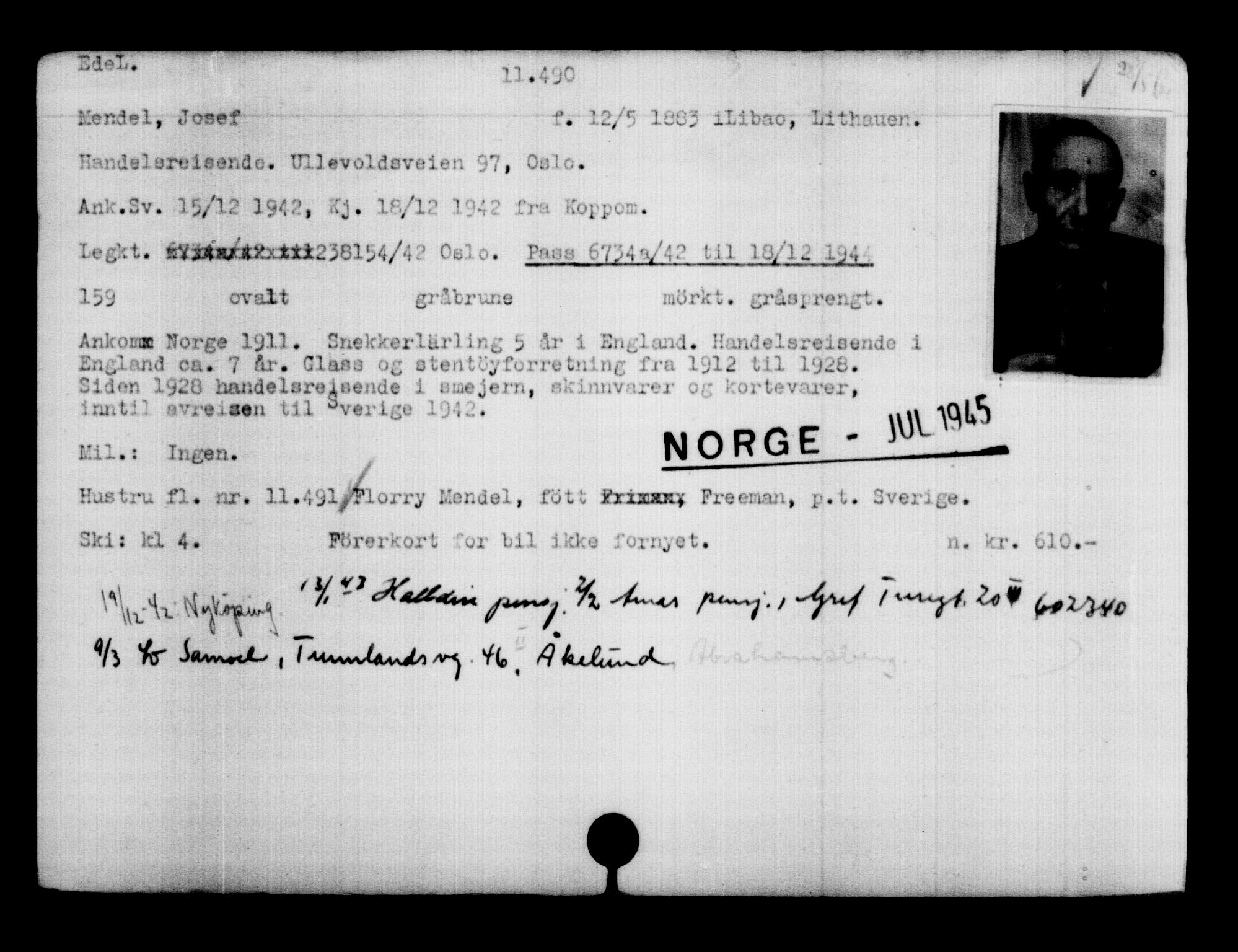 Utenriksstasjonene, Legasjonen i Stockholm, Flyktningkontoret, AV/RA-S-6753/V/Va/L0006: Kjesäterkartoteket, flyktninger med registreringsnr. 9400-12711, 1940-1945, p. 2360