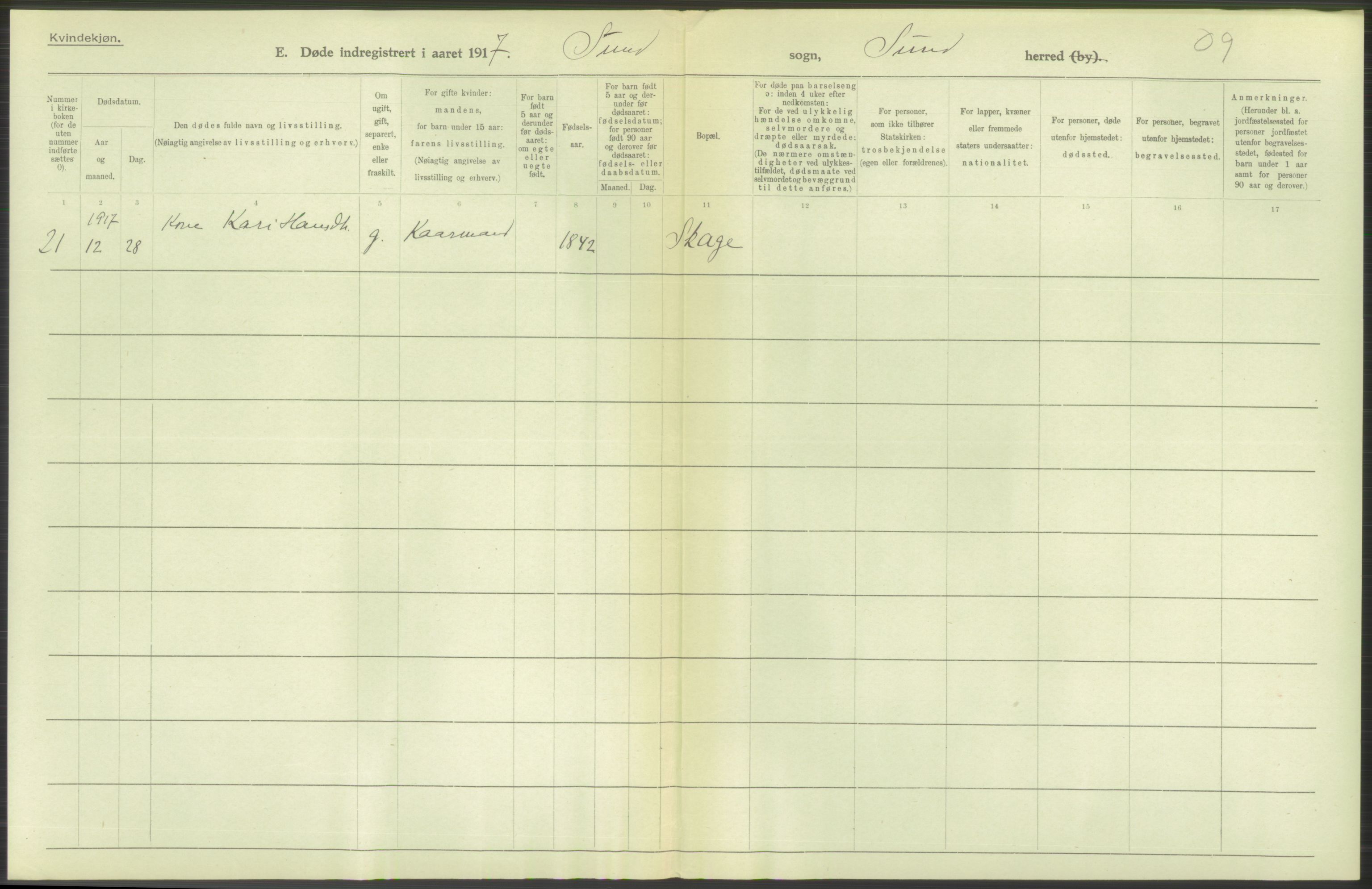 Statistisk sentralbyrå, Sosiodemografiske emner, Befolkning, RA/S-2228/D/Df/Dfb/Dfbg/L0036: S. Bergenhus amt: Døde, dødfødte. Bygder., 1917, p. 386