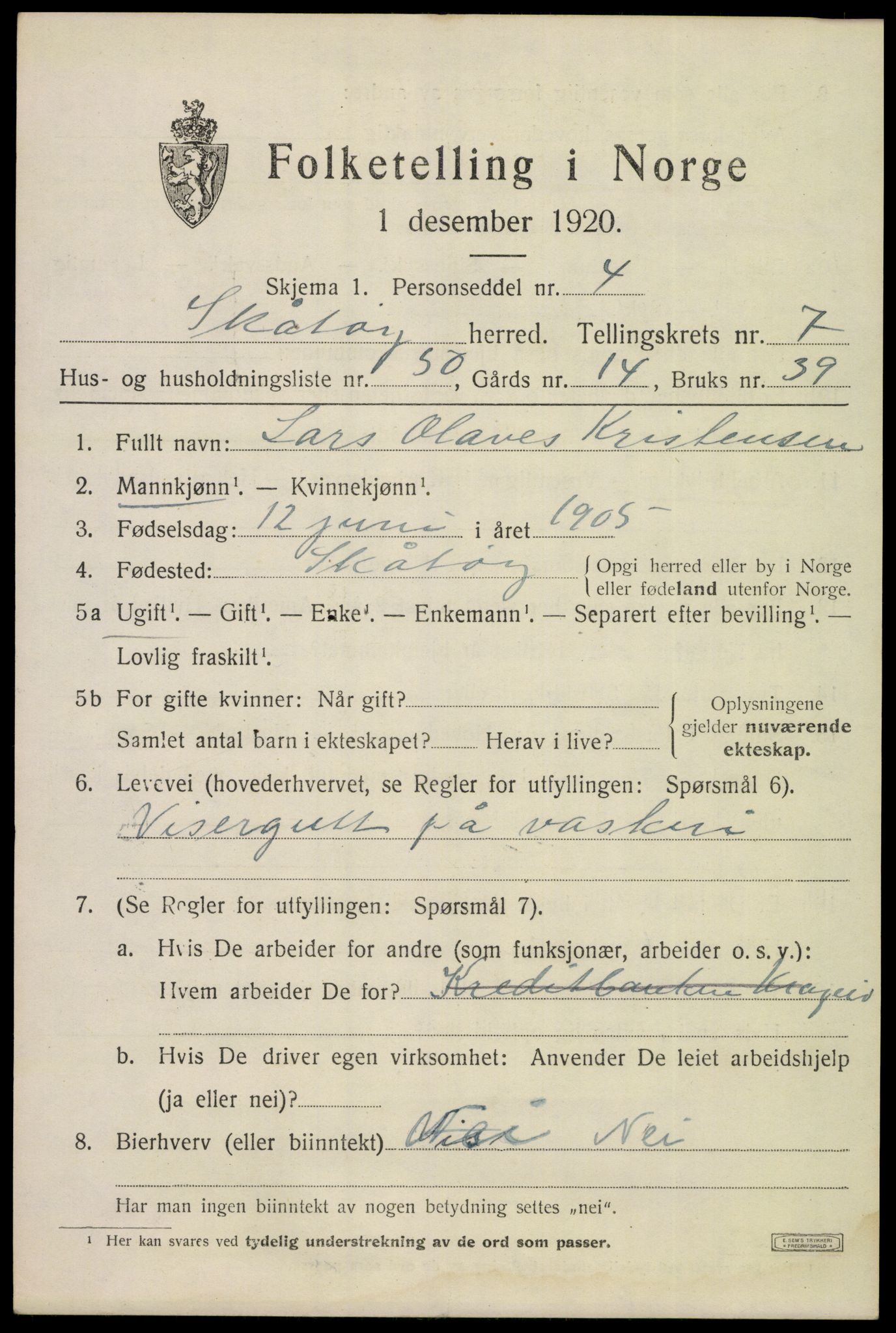 SAKO, 1920 census for Skåtøy, 1920, p. 5864