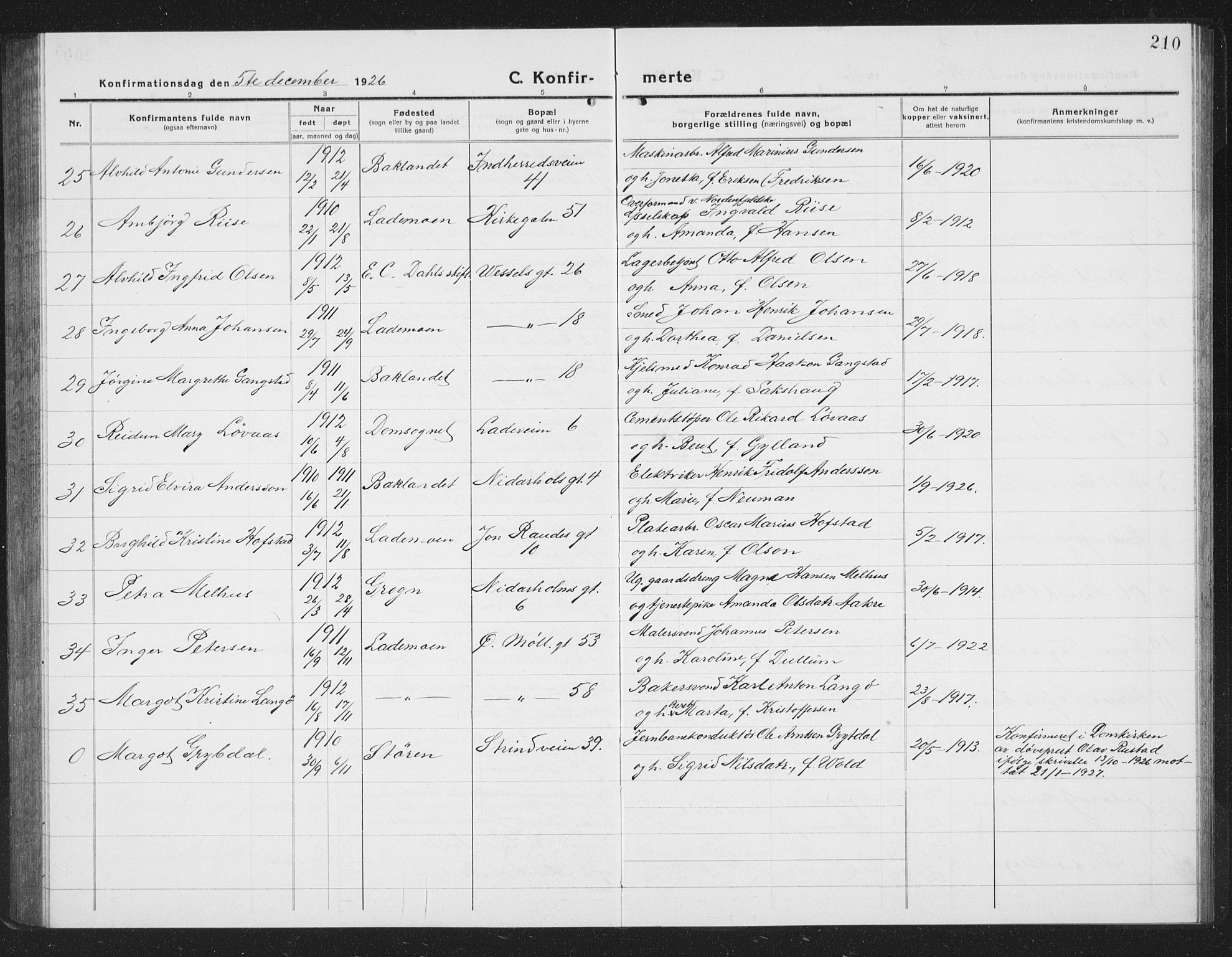 Ministerialprotokoller, klokkerbøker og fødselsregistre - Sør-Trøndelag, SAT/A-1456/605/L0258: Parish register (copy) no. 605C05, 1918-1930, p. 210