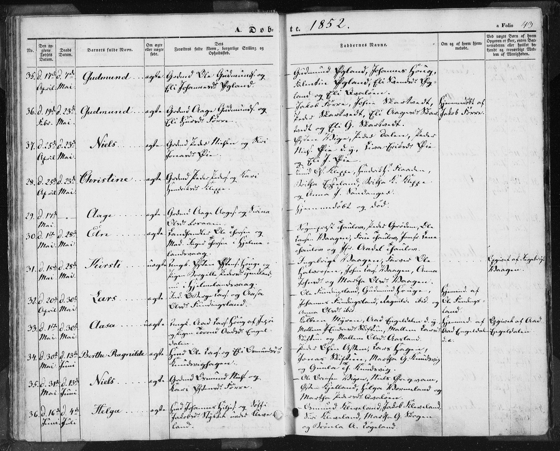 Hjelmeland sokneprestkontor, AV/SAST-A-101843/01/IV/L0009: Parish register (official) no. A 9, 1846-1860, p. 43