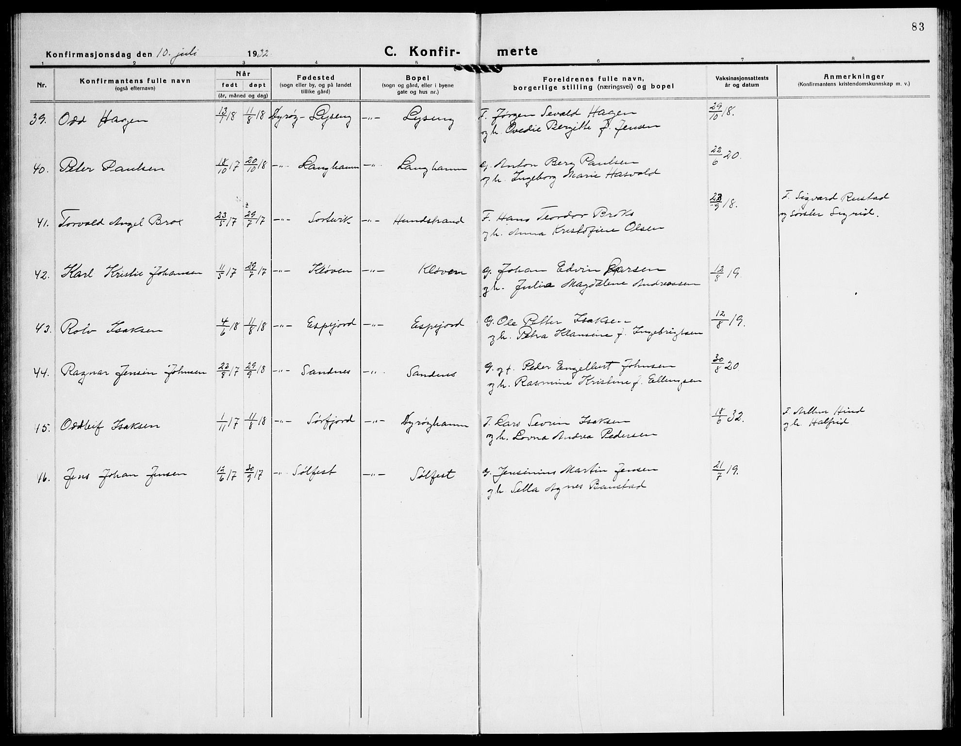 Tranøy sokneprestkontor, AV/SATØ-S-1313/I/Ia/Iab/L0016klokker: Parish register (copy) no. 16, 1930-1945, p. 83