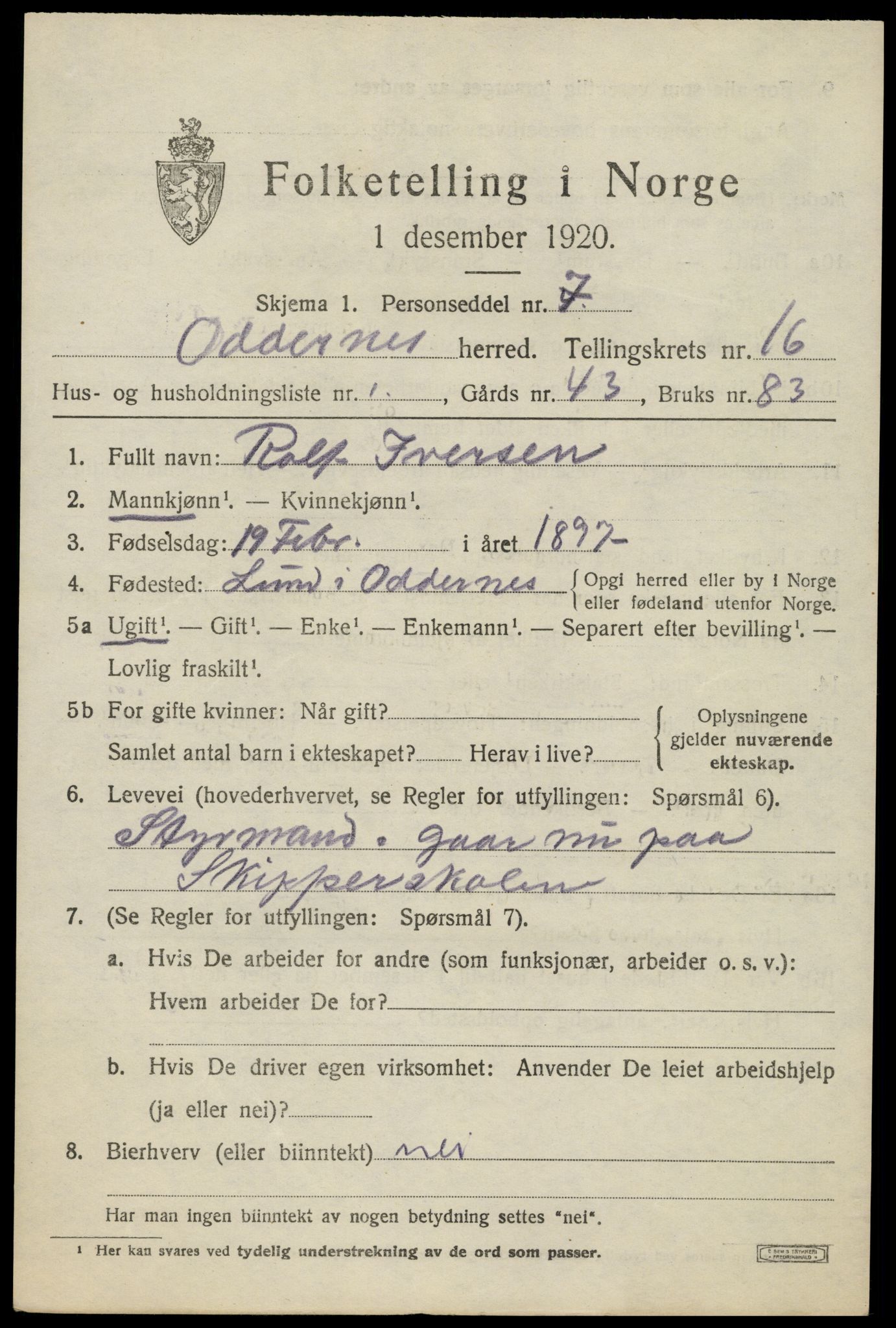 SAK, 1920 census for Oddernes, 1920, p. 11145