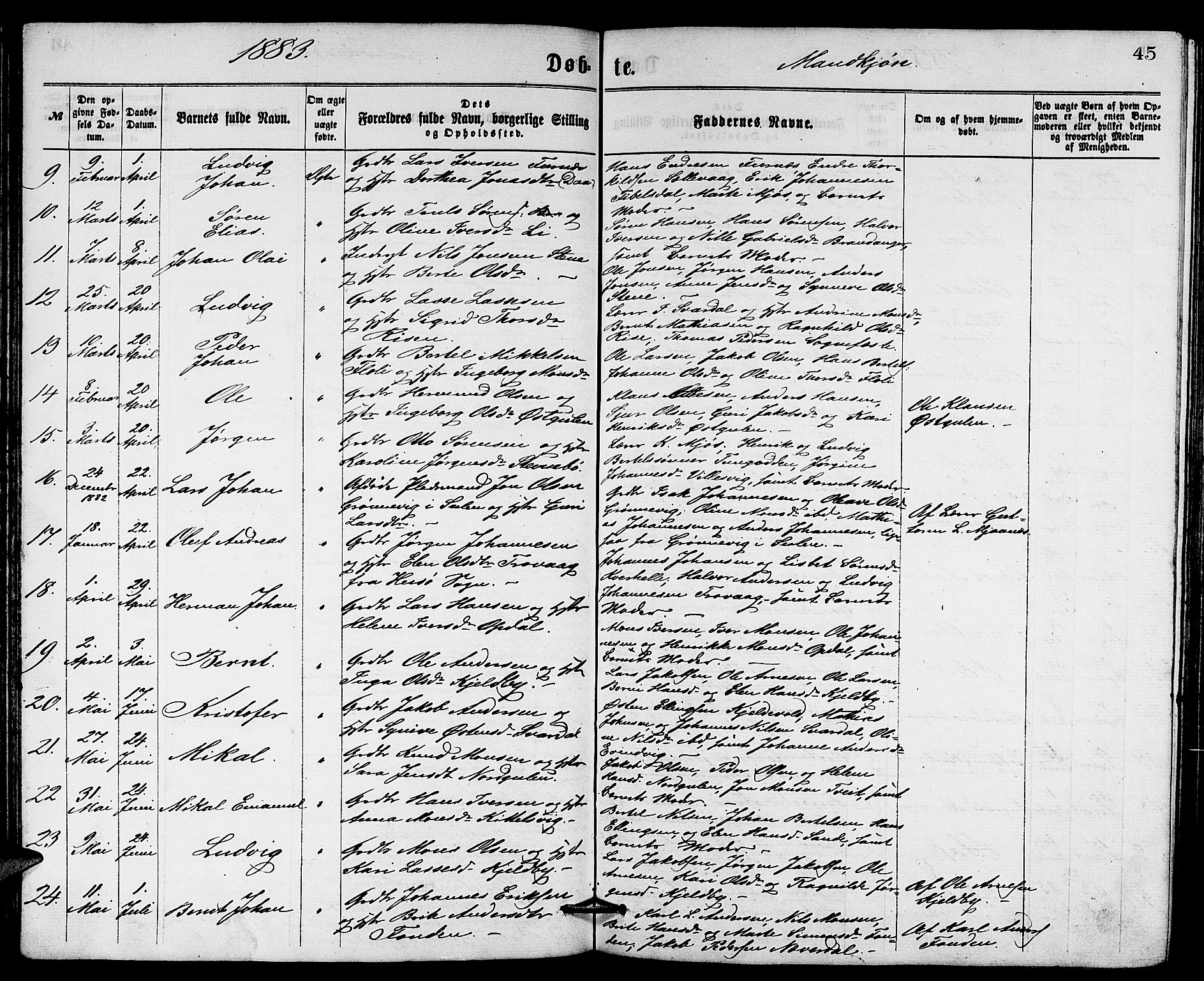 Gulen sokneprestembete, AV/SAB-A-80201/H/Hab/Habb/L0002: Parish register (copy) no. B 2, 1867-1883, p. 45