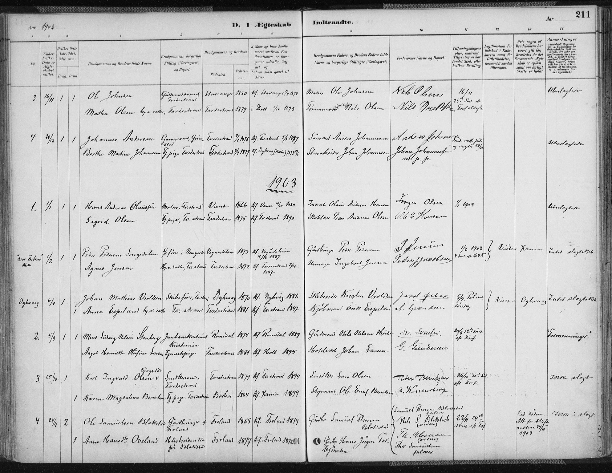 Tvedestrand sokneprestkontor, AV/SAK-1111-0042/F/Fa/L0001: Parish register (official) no. A 1, 1885-1916, p. 211