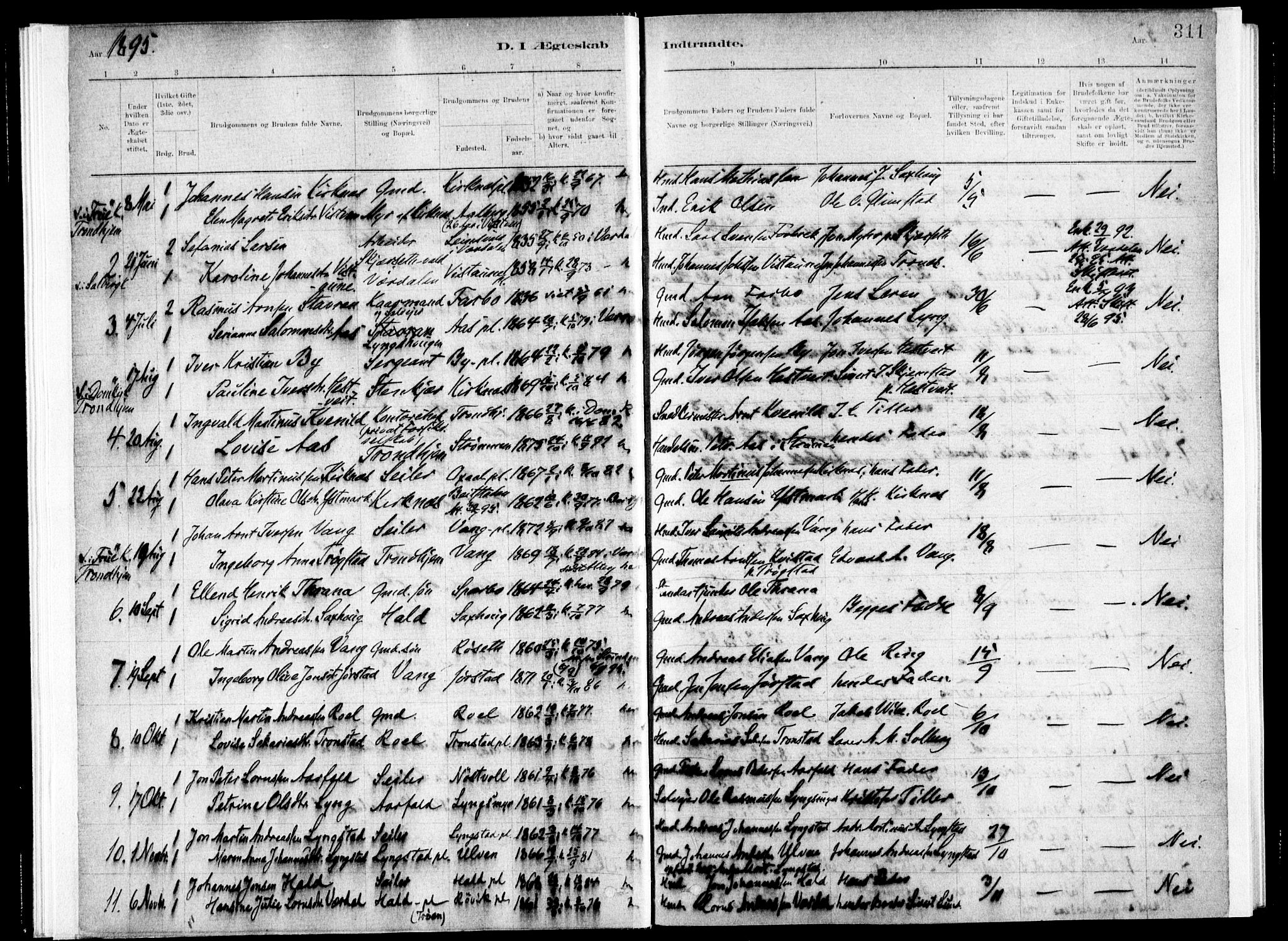 Ministerialprotokoller, klokkerbøker og fødselsregistre - Nord-Trøndelag, AV/SAT-A-1458/730/L0285: Parish register (official) no. 730A10, 1879-1914, p. 311