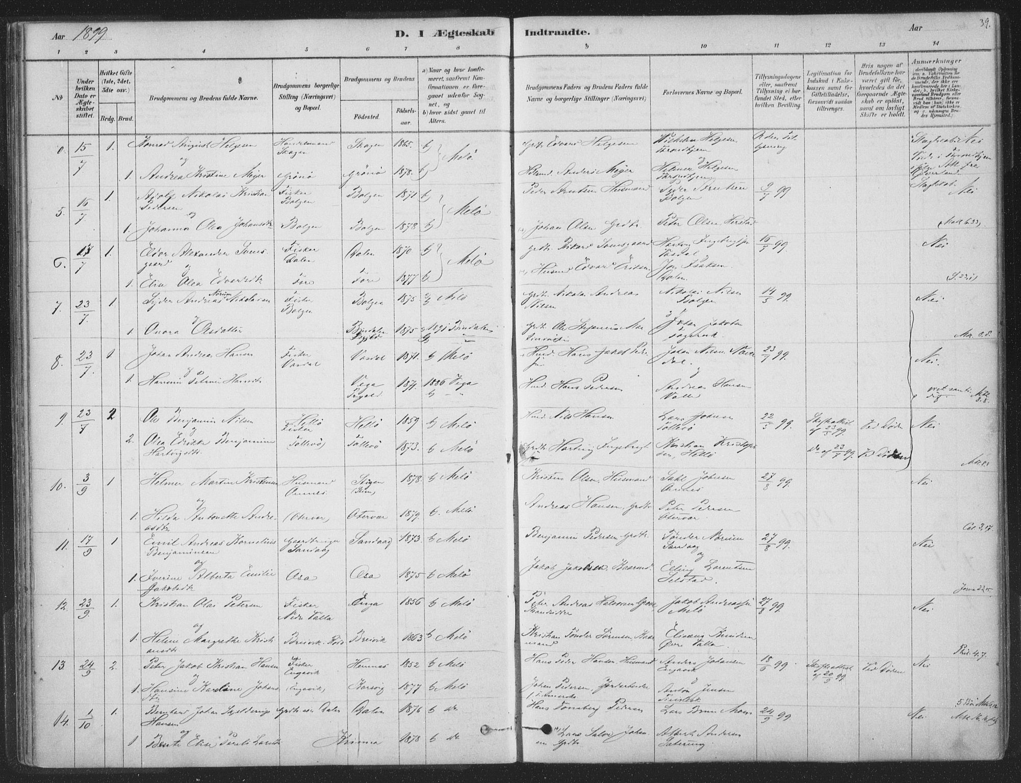 Ministerialprotokoller, klokkerbøker og fødselsregistre - Nordland, SAT/A-1459/843/L0627: Parish register (official) no. 843A02, 1878-1908, p. 39