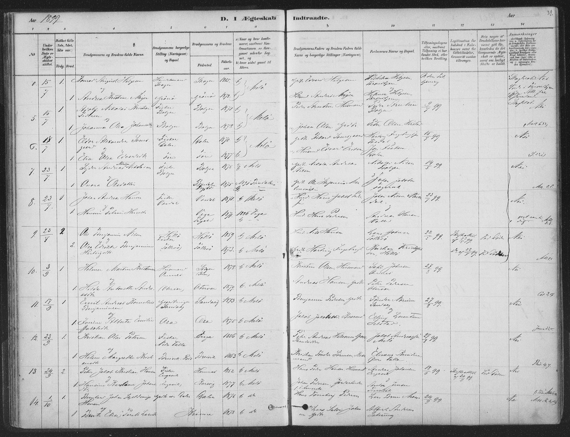 Ministerialprotokoller, klokkerbøker og fødselsregistre - Nordland, AV/SAT-A-1459/843/L0627: Parish register (official) no. 843A02, 1878-1908, p. 39