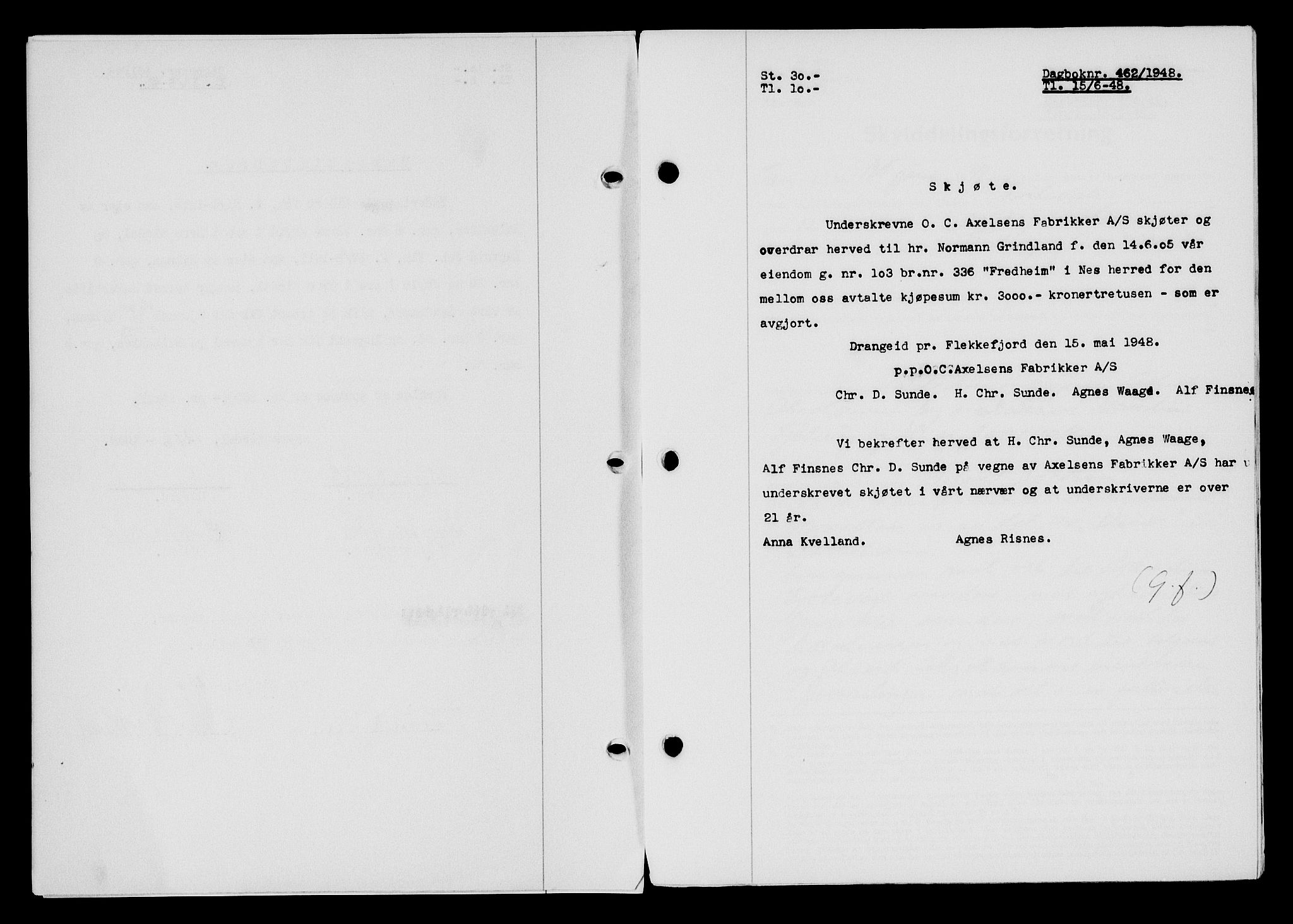 Flekkefjord sorenskriveri, SAK/1221-0001/G/Gb/Gba/L0063: Mortgage book no. A-11, 1947-1948, Diary no: : 462/1948