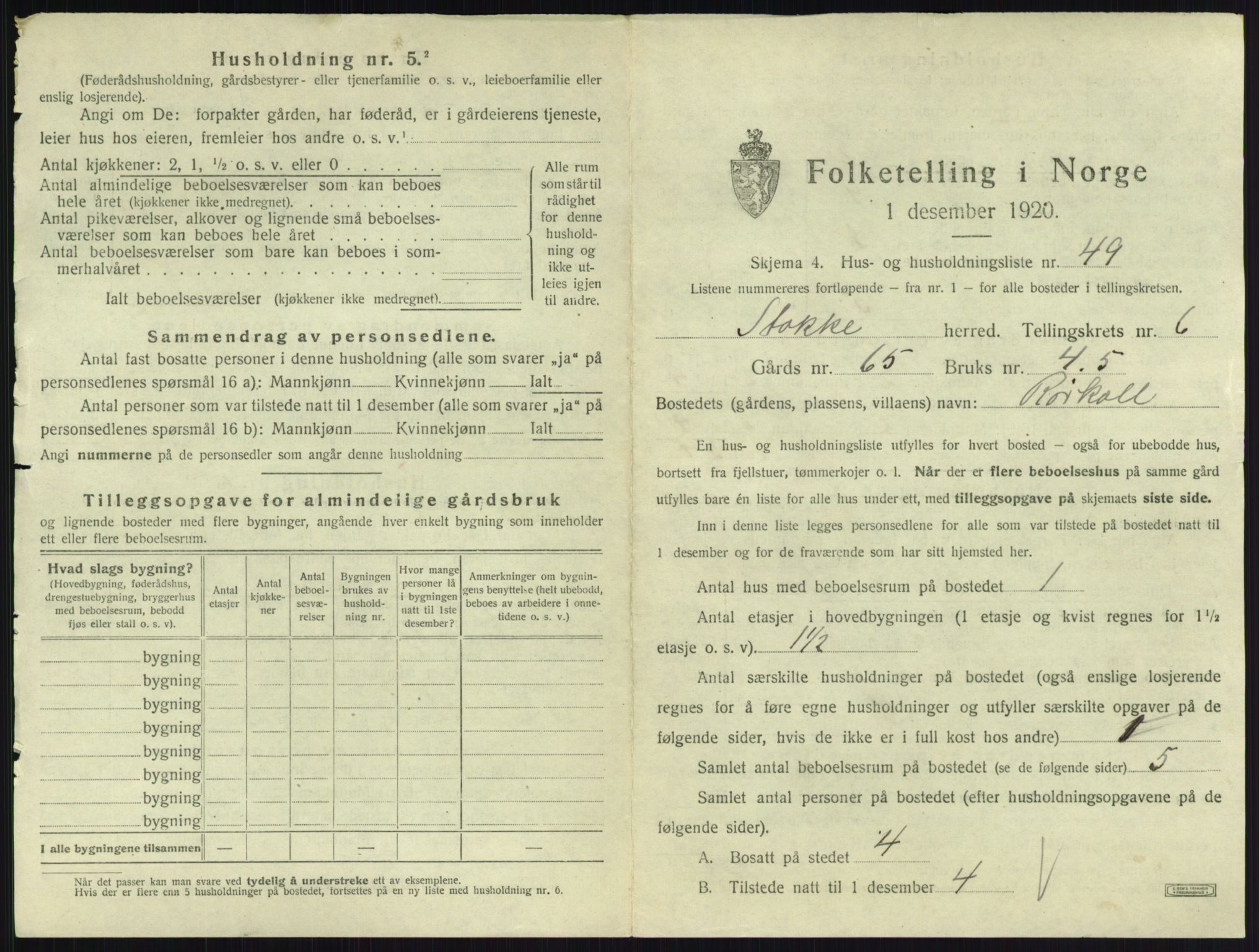 SAKO, 1920 census for Stokke, 1920, p. 1196