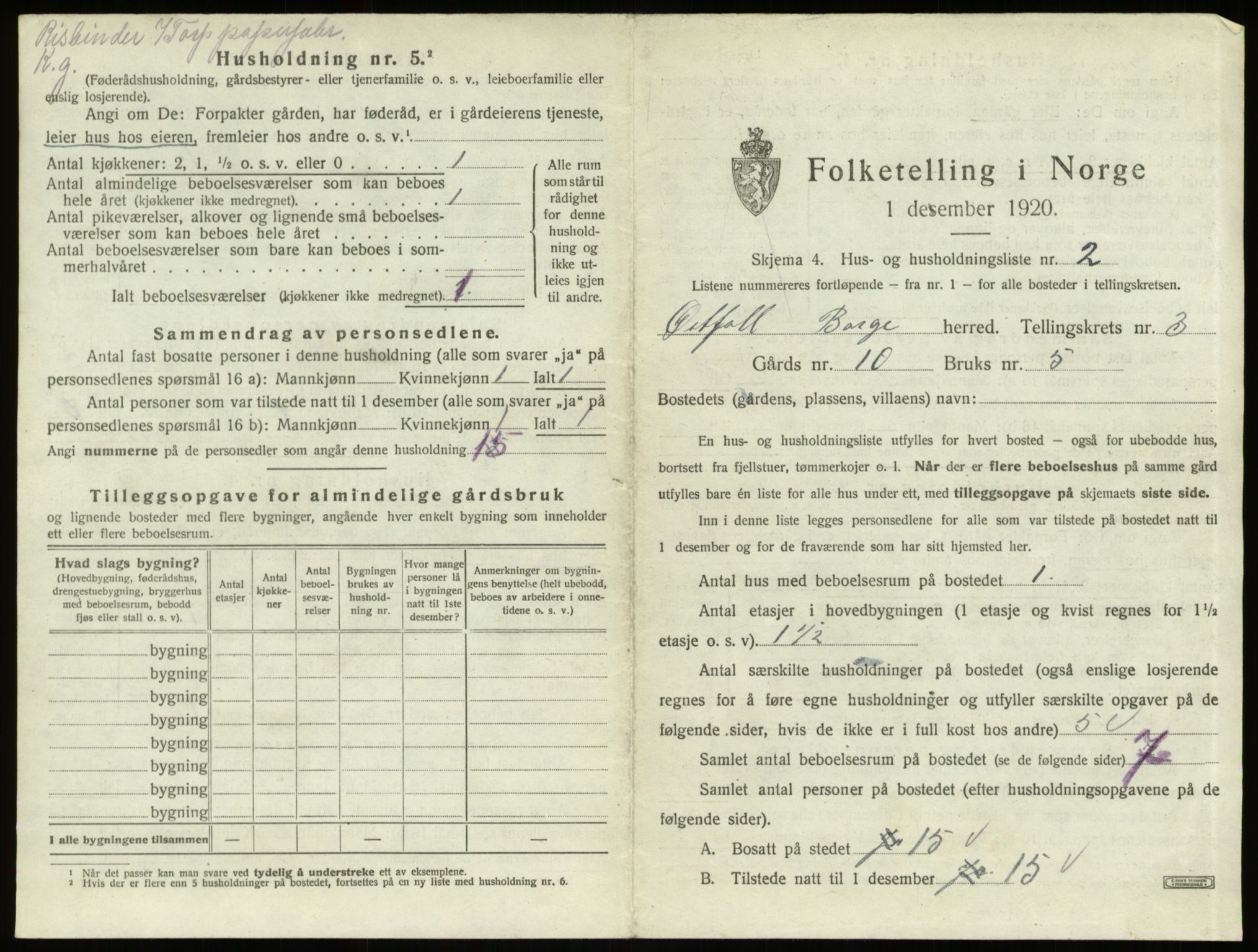 SAO, 1920 census for Borge, 1920, p. 277