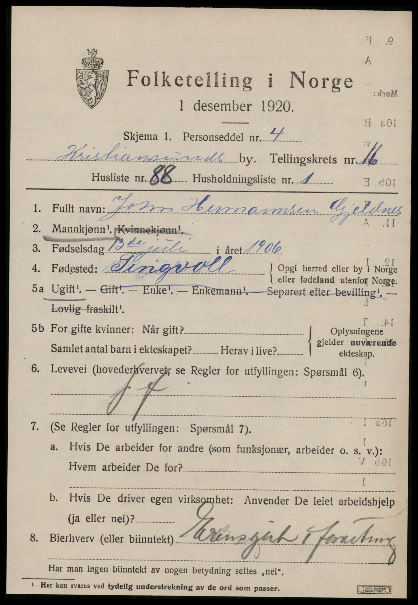 SAT, 1920 census for Kristiansund, 1920, p. 35877