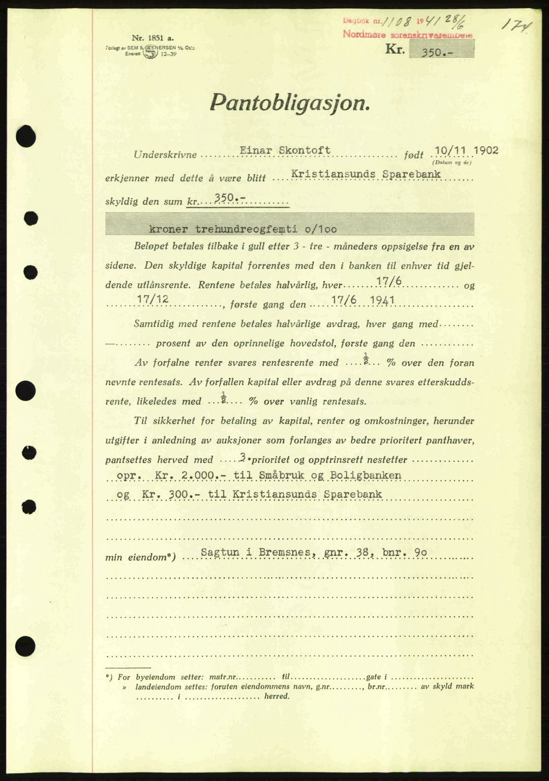 Nordmøre sorenskriveri, AV/SAT-A-4132/1/2/2Ca: Mortgage book no. B88, 1941-1942, Diary no: : 1108/1941