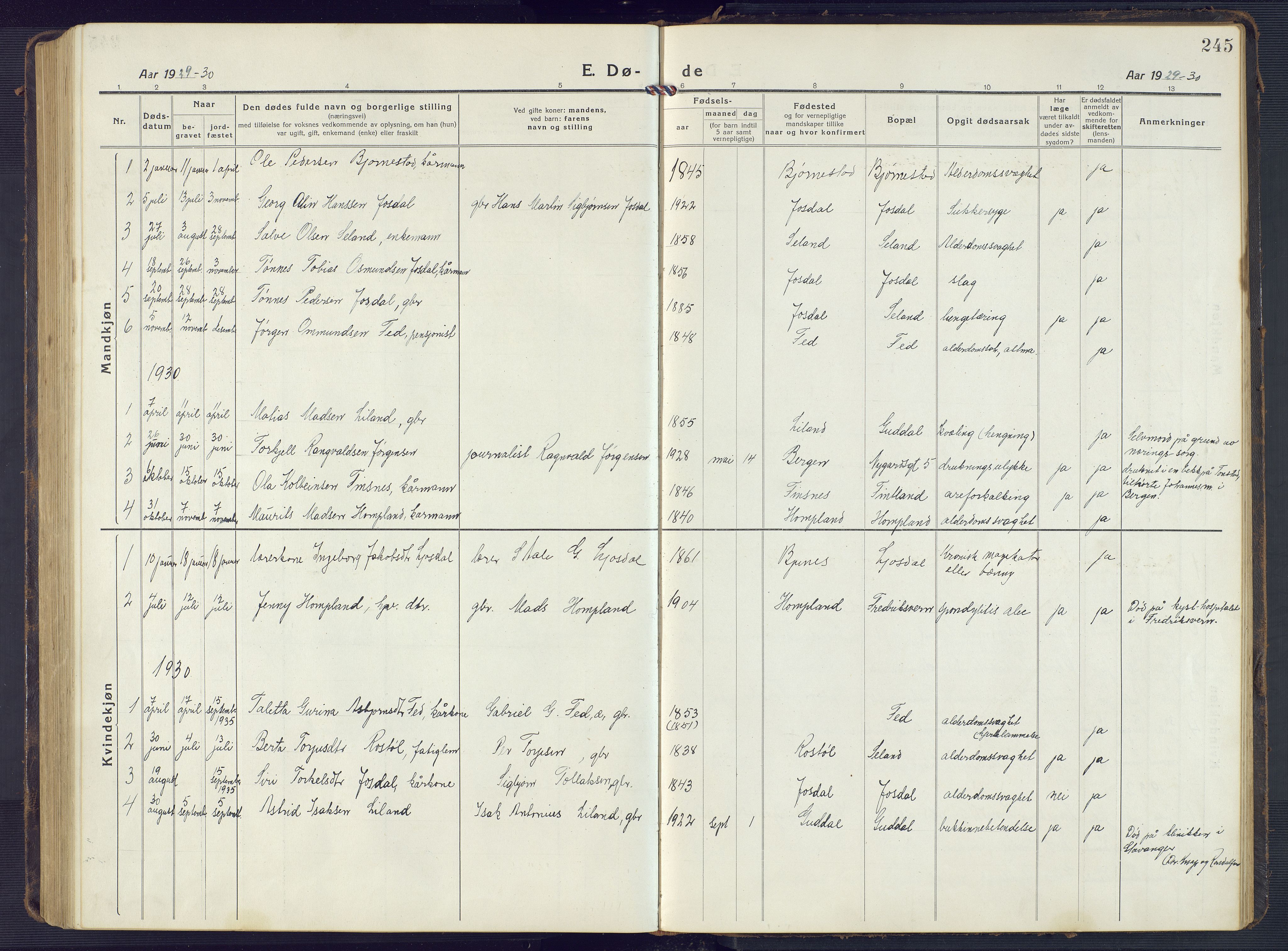 Sirdal sokneprestkontor, SAK/1111-0036/F/Fb/Fbb/L0005: Parish register (copy) no. B 5, 1916-1960, p. 245