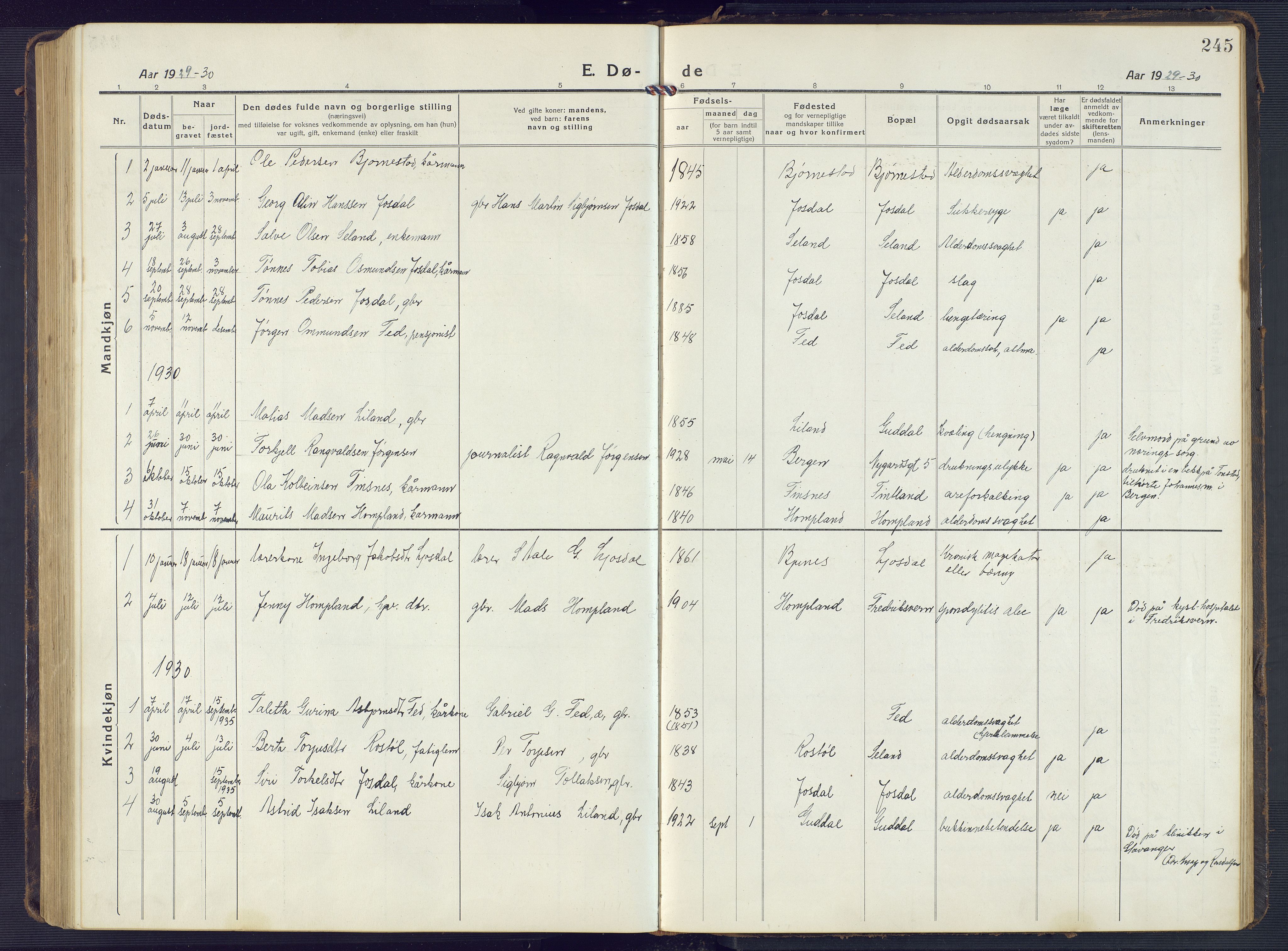 Sirdal sokneprestkontor, AV/SAK-1111-0036/F/Fb/Fbb/L0005: Parish register (copy) no. B 5, 1916-1960, p. 245