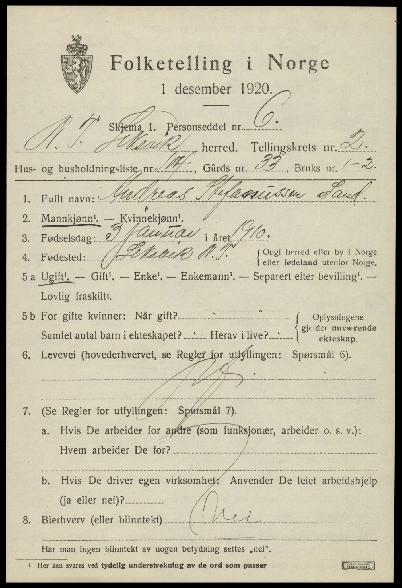 SAT, 1920 census for Leksvik, 1920, p. 2884