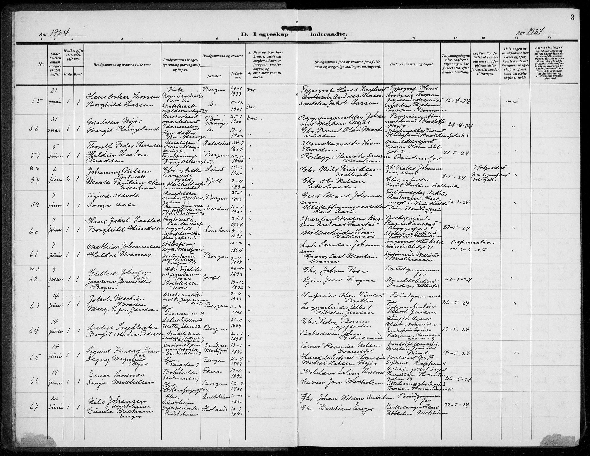 Domkirken sokneprestembete, SAB/A-74801/H/Hab/L0034: Parish register (copy) no. D 6, 1924-1941, p. 3