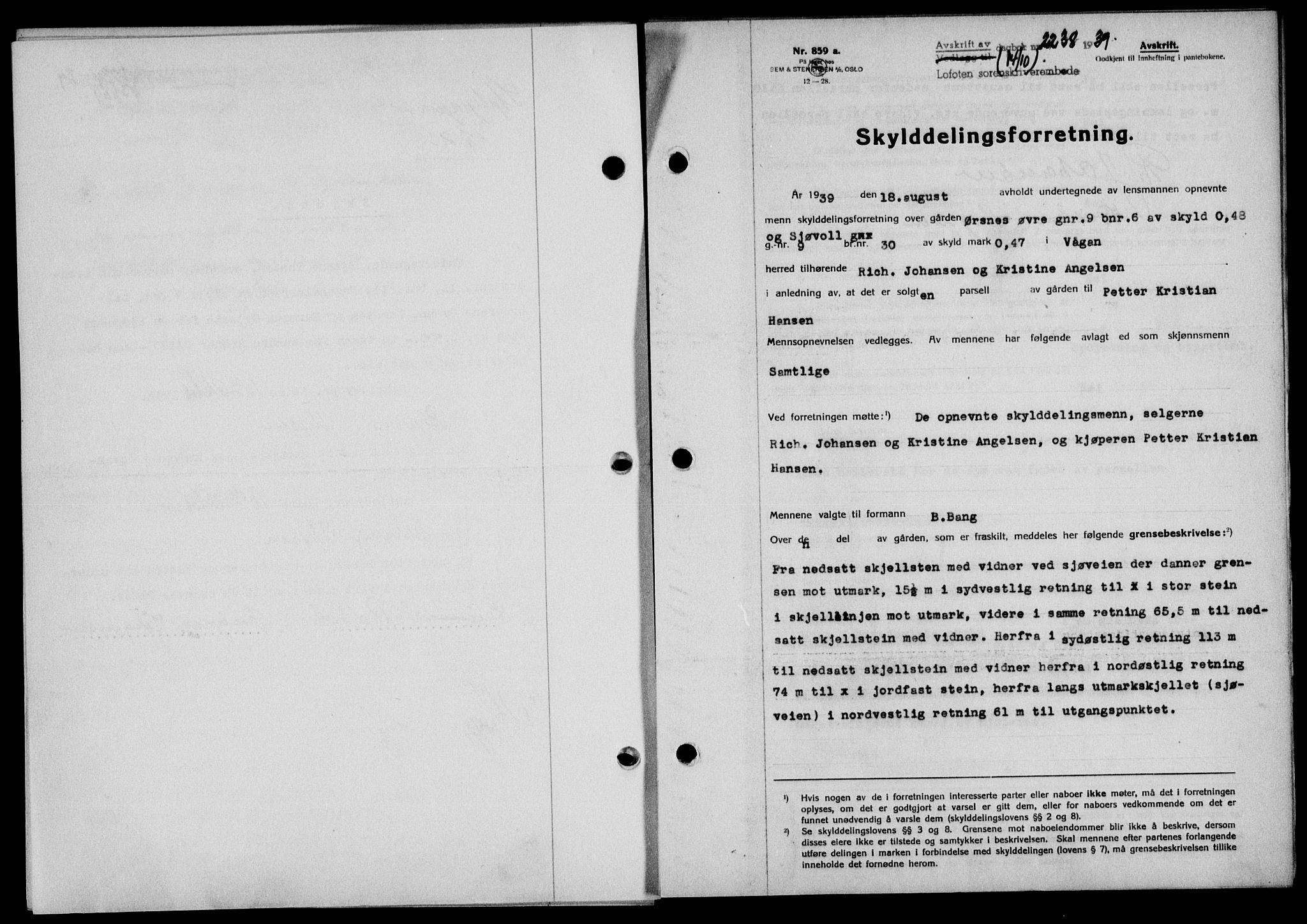 Lofoten sorenskriveri, SAT/A-0017/1/2/2C/L0006a: Mortgage book no. 6a, 1939-1939, Diary no: : 2238/1939