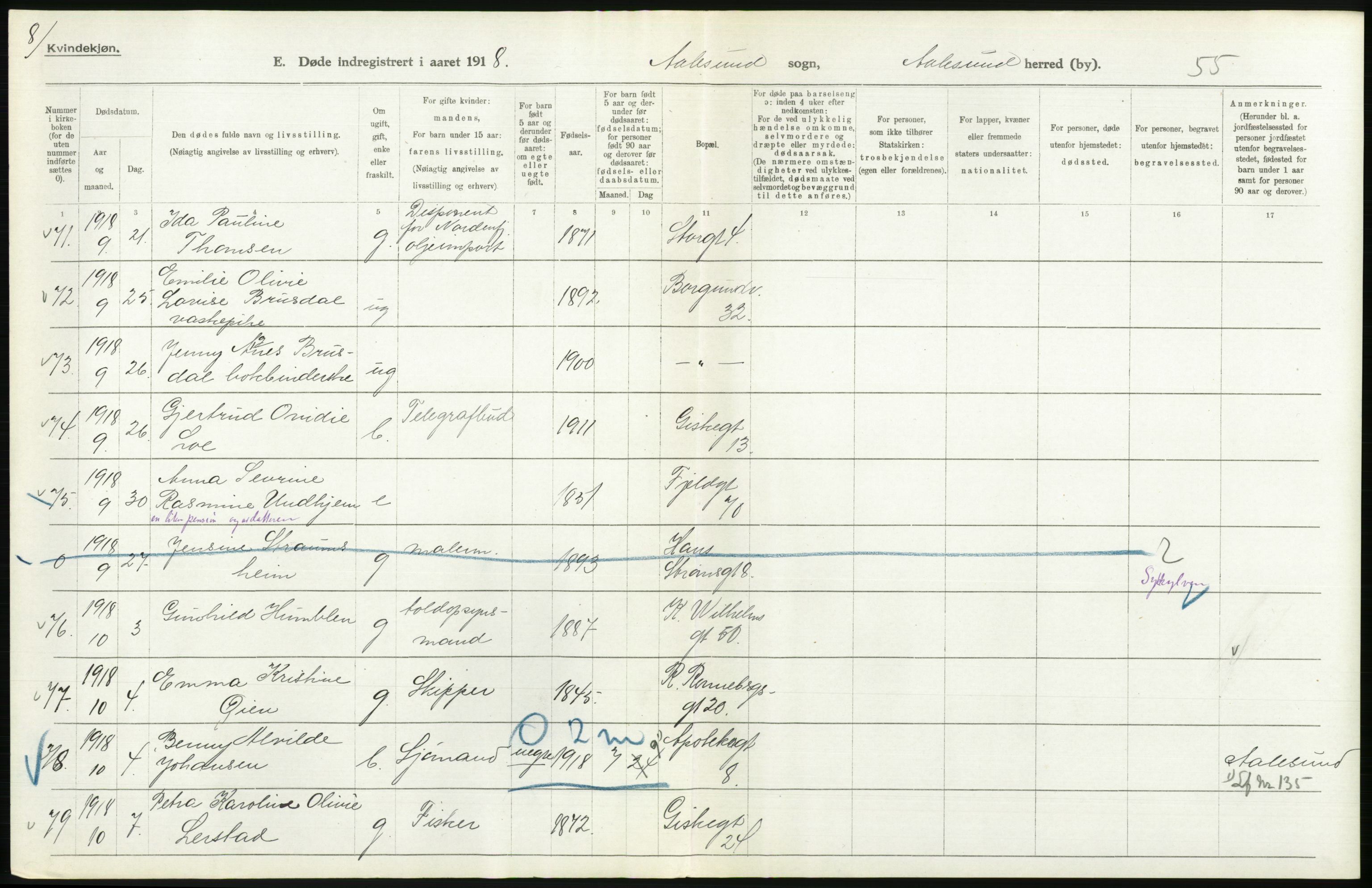 Statistisk sentralbyrå, Sosiodemografiske emner, Befolkning, AV/RA-S-2228/D/Df/Dfb/Dfbh/L0045: Møre fylke: Døde. Bygder og byer., 1918, p. 650