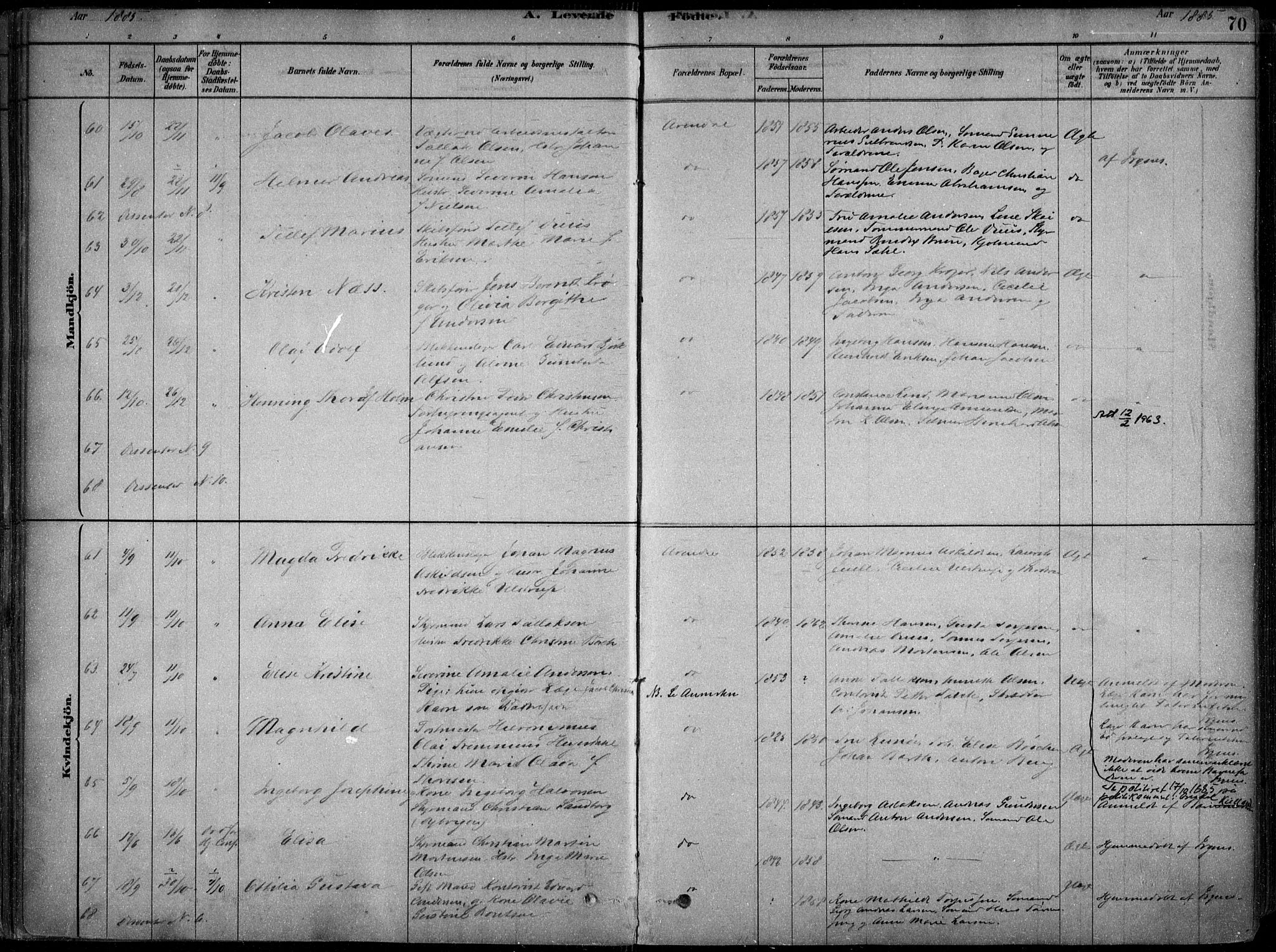 Arendal sokneprestkontor, Trefoldighet, AV/SAK-1111-0040/F/Fa/L0008: Parish register (official) no. A 8, 1878-1899, p. 70