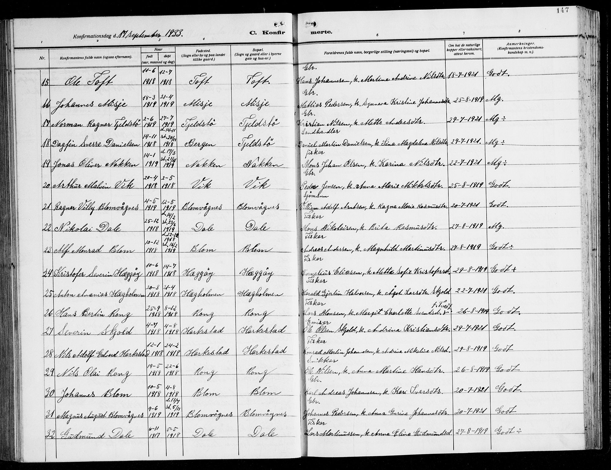 Herdla Sokneprestembete, AV/SAB-A-75701/H/Hab: Parish register (copy) no. C 3, 1926-1940, p. 147