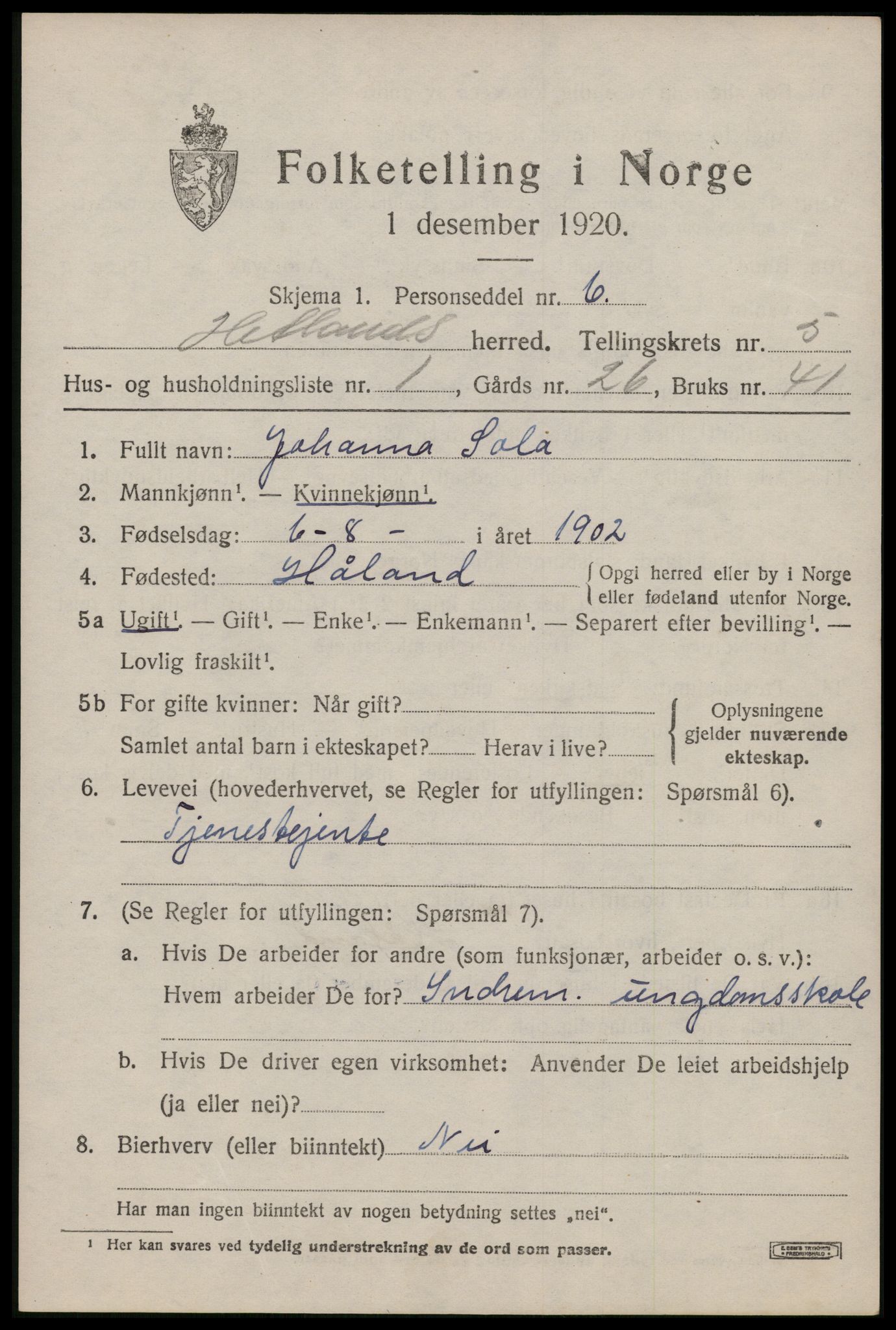 SAST, 1920 census for Hetland, 1920, p. 8163