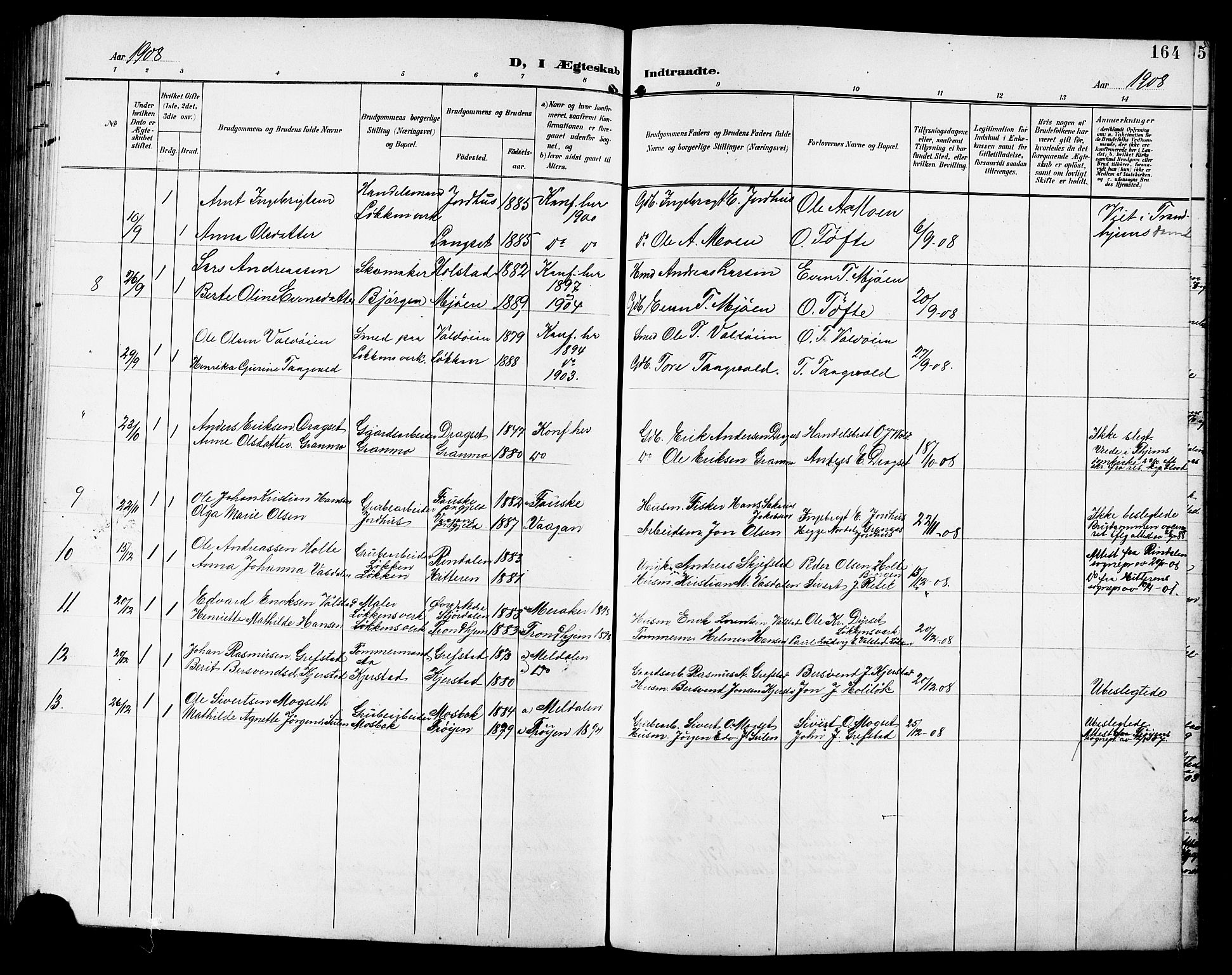 Ministerialprotokoller, klokkerbøker og fødselsregistre - Sør-Trøndelag, SAT/A-1456/672/L0864: Parish register (copy) no. 672C03, 1902-1914, p. 164