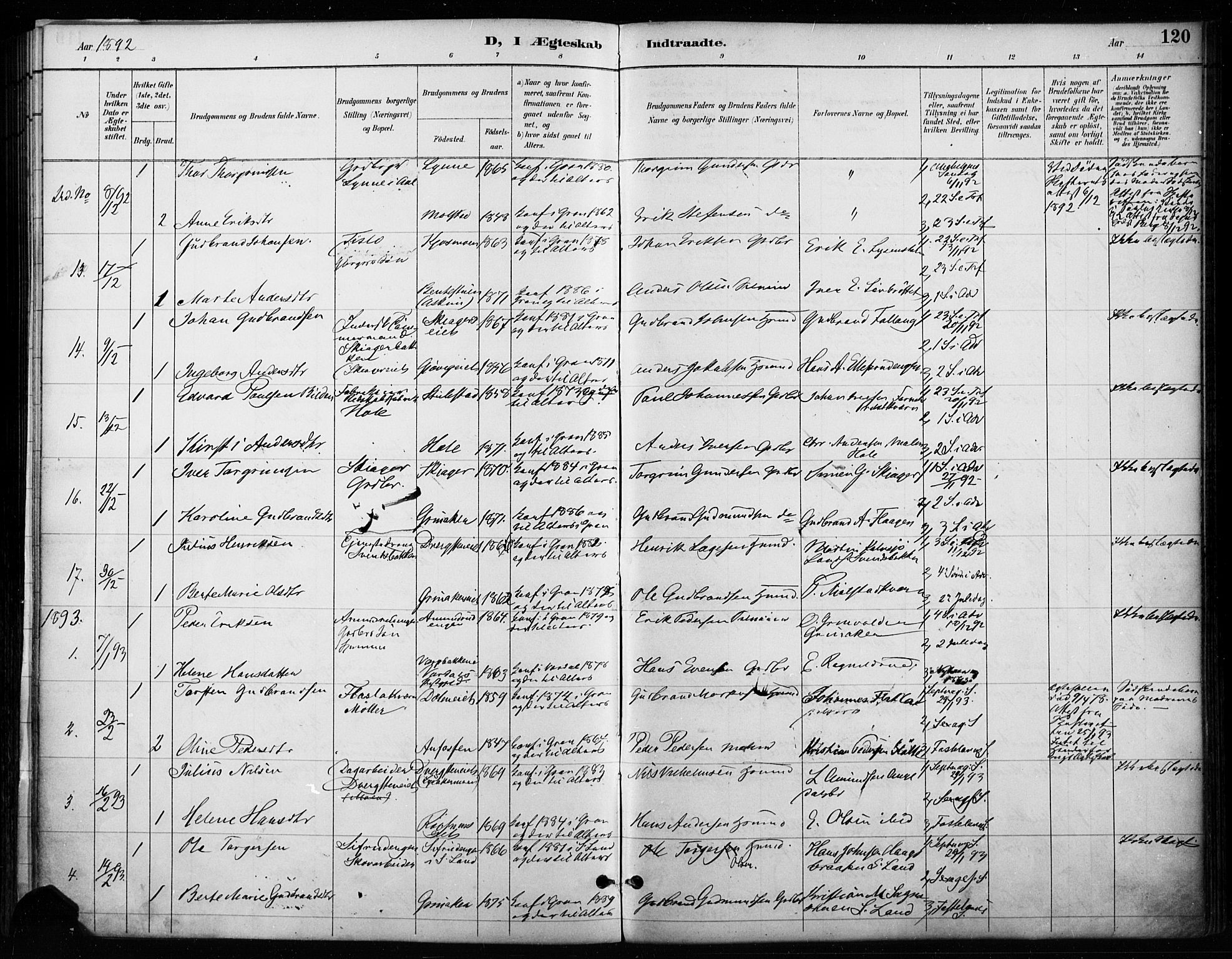 Gran prestekontor, SAH/PREST-112/H/Ha/Haa/L0018: Parish register (official) no. 18, 1889-1899, p. 120