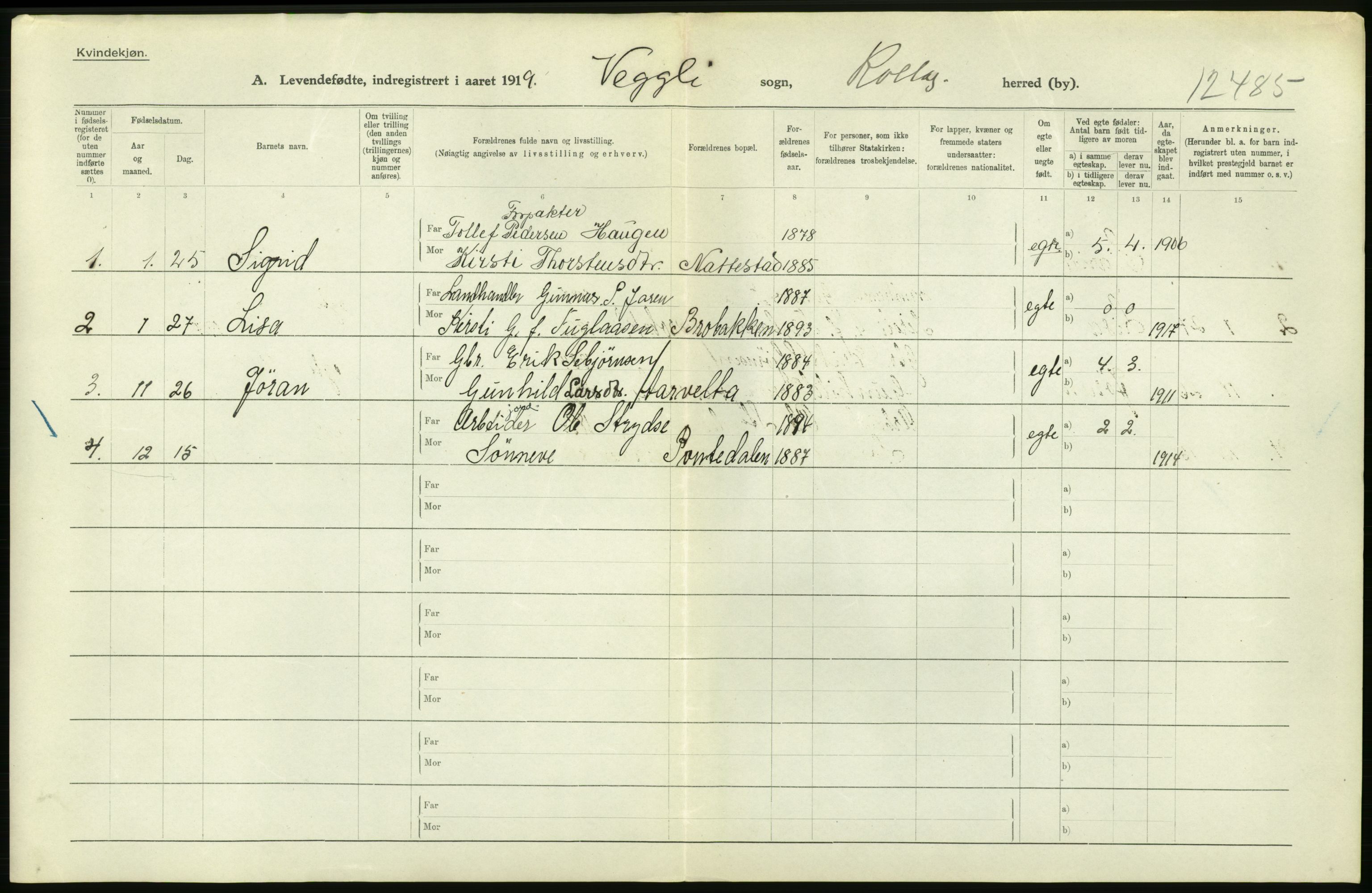 Statistisk sentralbyrå, Sosiodemografiske emner, Befolkning, RA/S-2228/D/Df/Dfb/Dfbi/L0016: Buskerud fylke: Levendefødte menn og kvinner. Bygder., 1919, p. 52