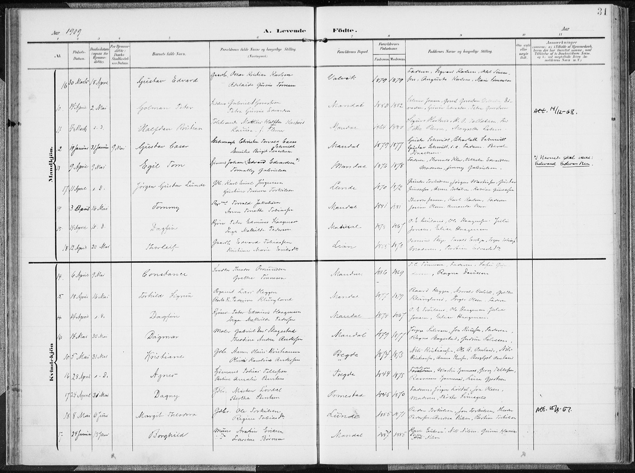 Mandal sokneprestkontor, AV/SAK-1111-0030/F/Fa/Faa/L0020: Parish register (official) no. A 20, 1906-1912, p. 31