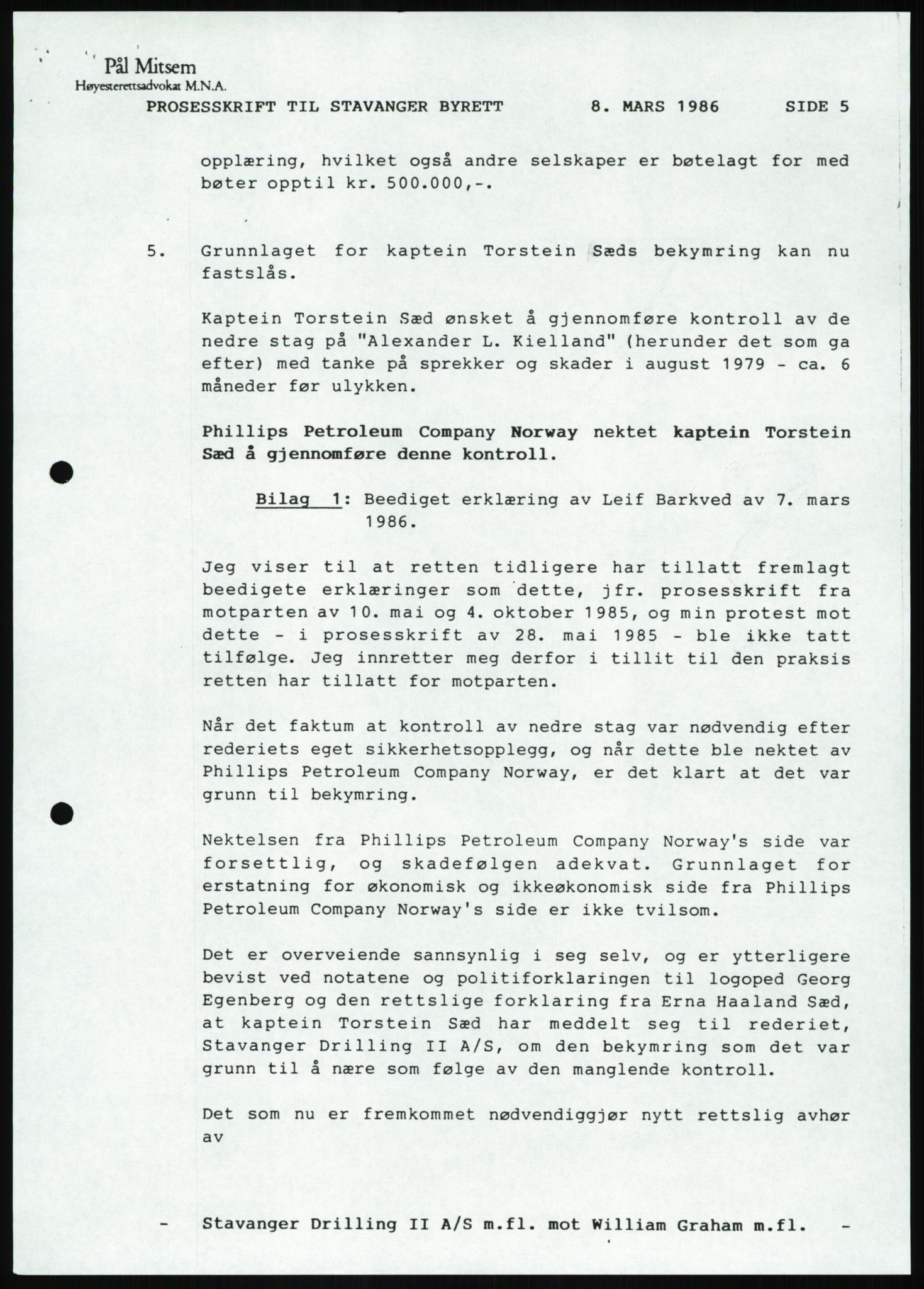 Pa 1503 - Stavanger Drilling AS, AV/SAST-A-101906/Da/L0001: Alexander L. Kielland - Begrensningssak Stavanger byrett, 1986, p. 837