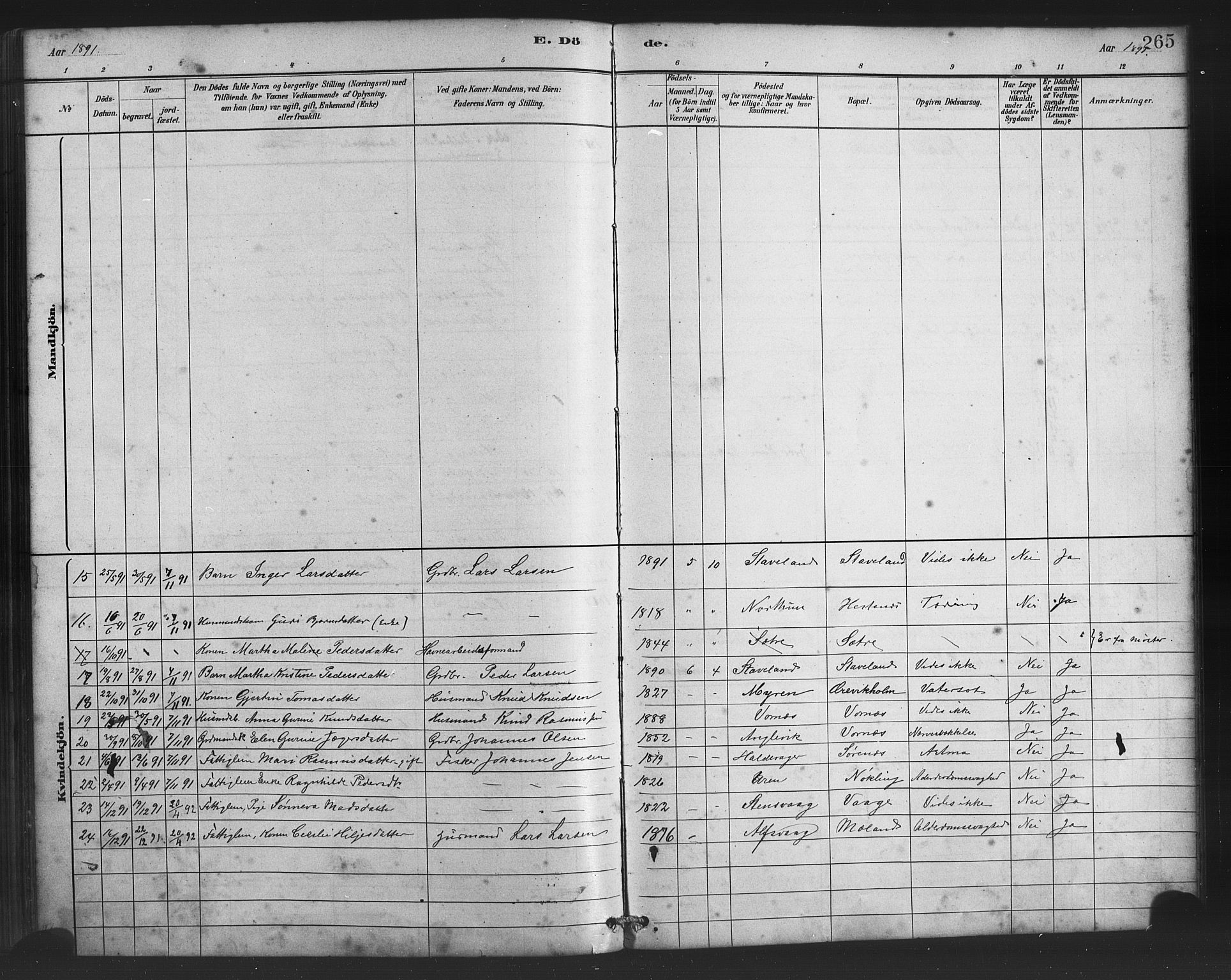 Finnås sokneprestembete, AV/SAB-A-99925/H/Ha/Haa/Haac/L0001: Parish register (official) no. C 1, 1881-1894, p. 265