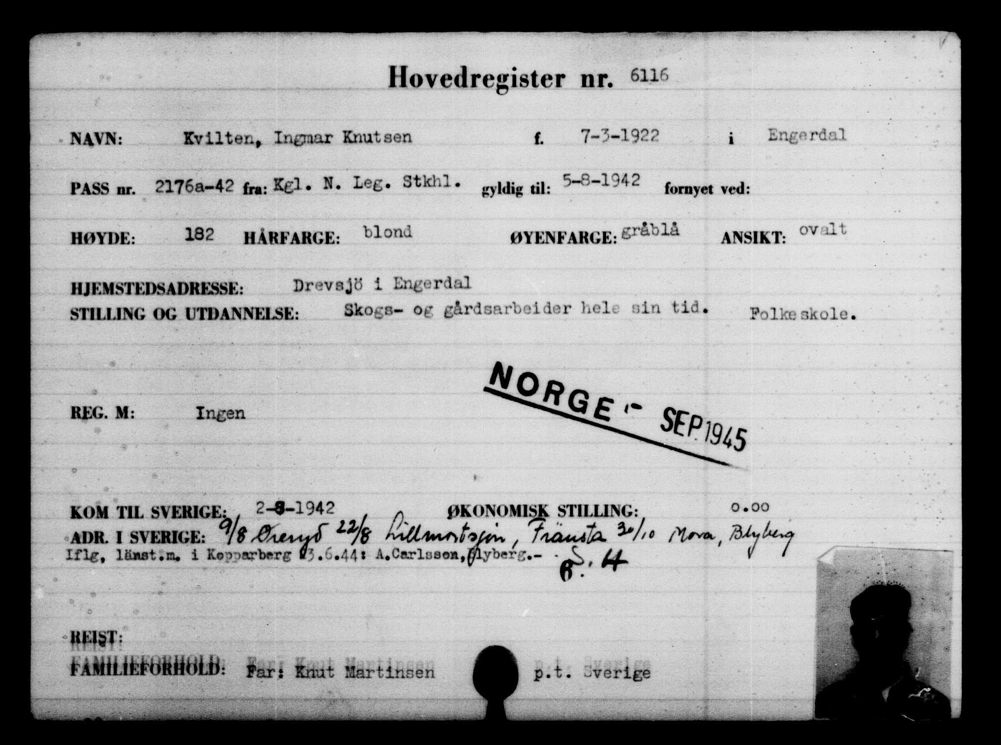 Utenriksstasjonene, Legasjonen i Stockholm, Flyktningkontoret, AV/RA-S-6753/V/Va/L0004: Kjesäterkartoteket, flyktninger med registreringsnr. 3496-6610, 1940-1945, p. 3070
