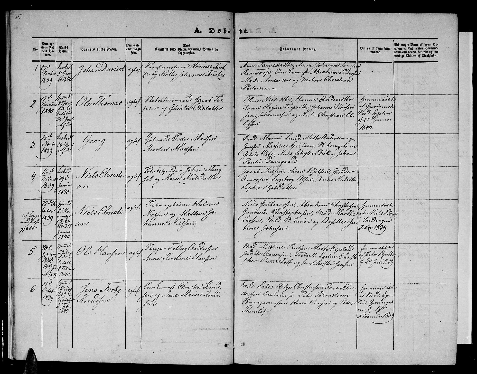 Arendal sokneprestkontor, Trefoldighet, AV/SAK-1111-0040/F/Fb/L0002: Parish register (copy) no. B 2, 1838-1860, p. 5