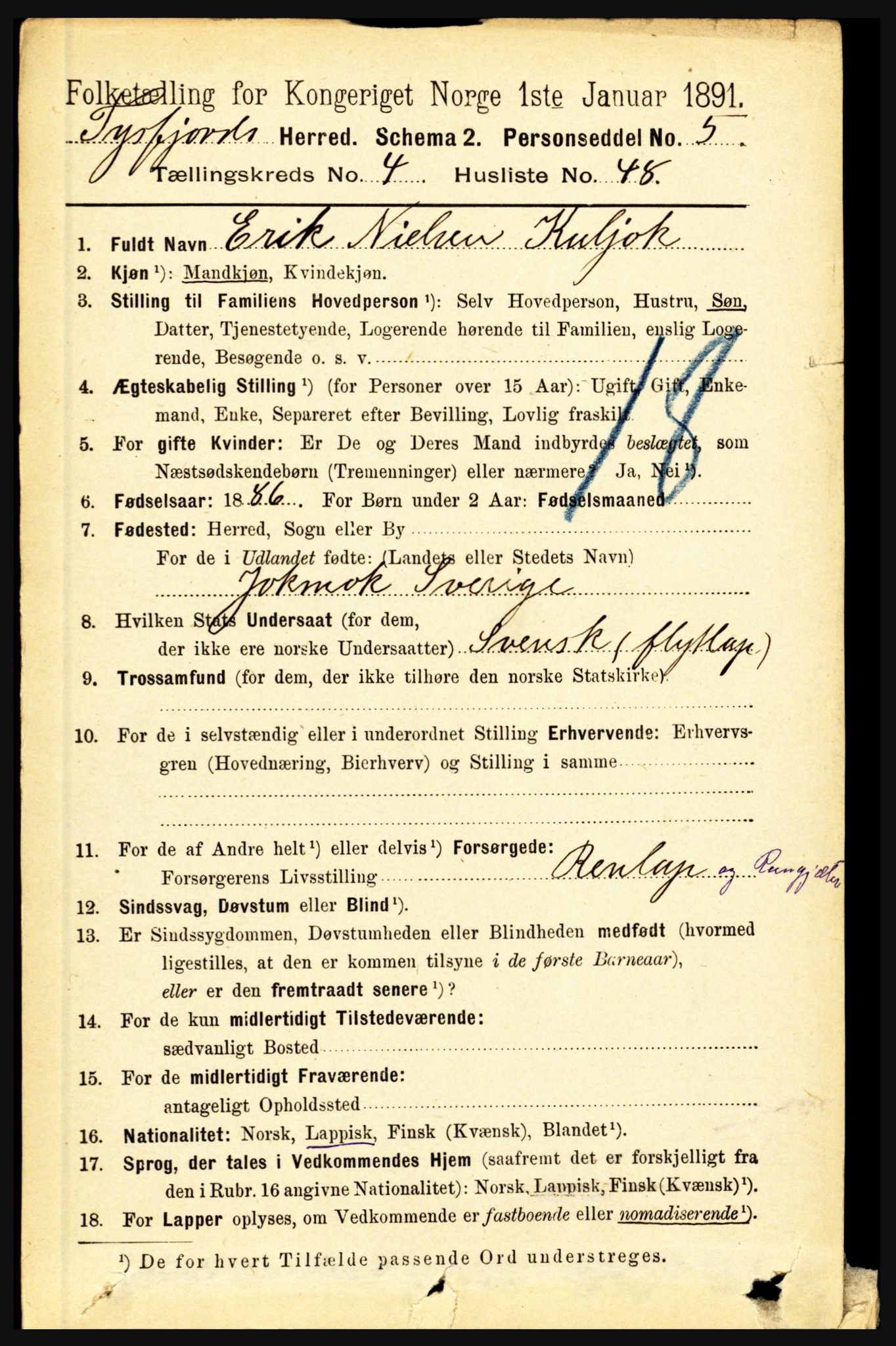 RA, 1891 census for 1850 Tysfjord, 1891, p. 1709