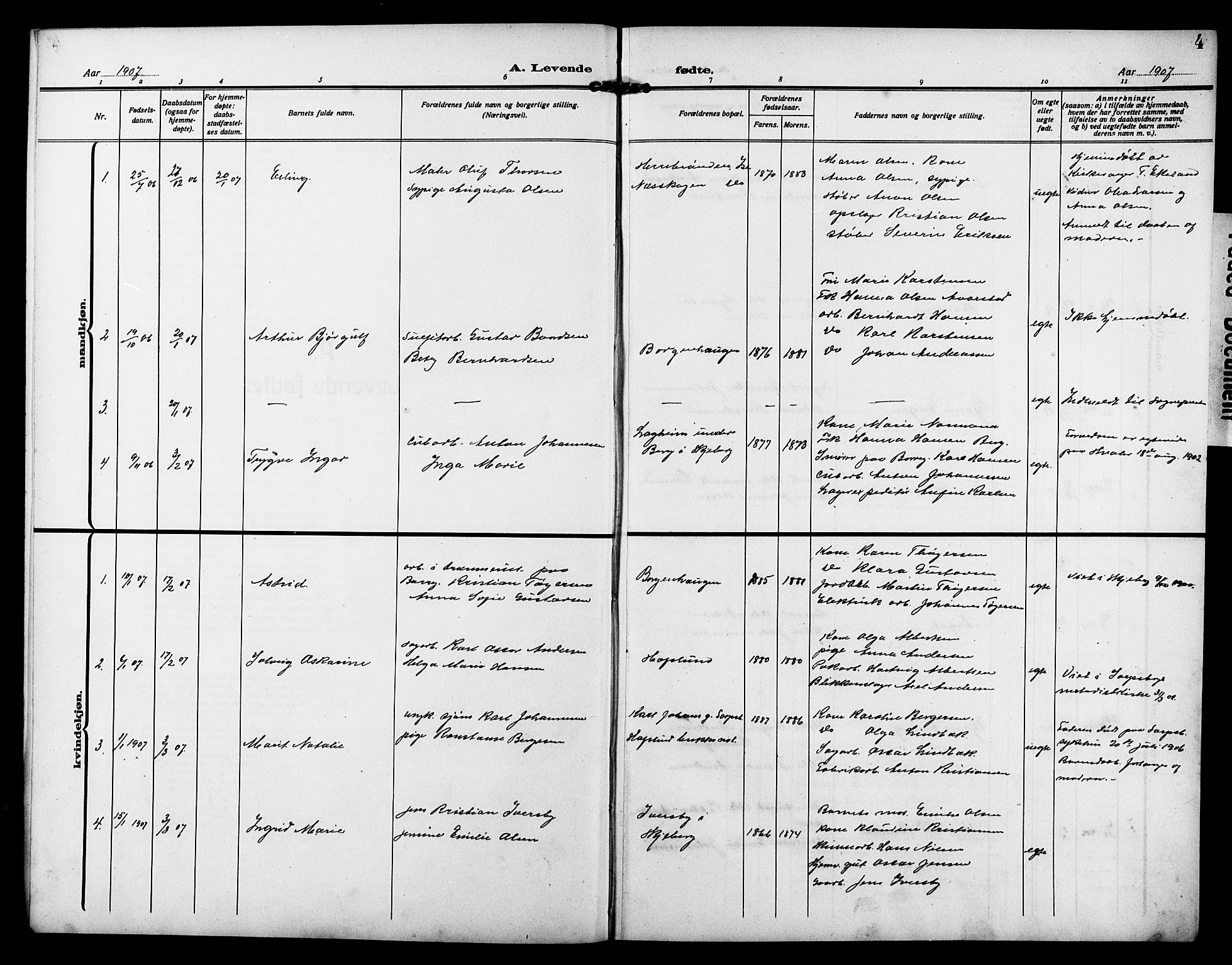Skjeberg prestekontor Kirkebøker, AV/SAO-A-10923/G/Gd/L0001: Parish register (copy) no. IV 1, 1907-1917, p. 4