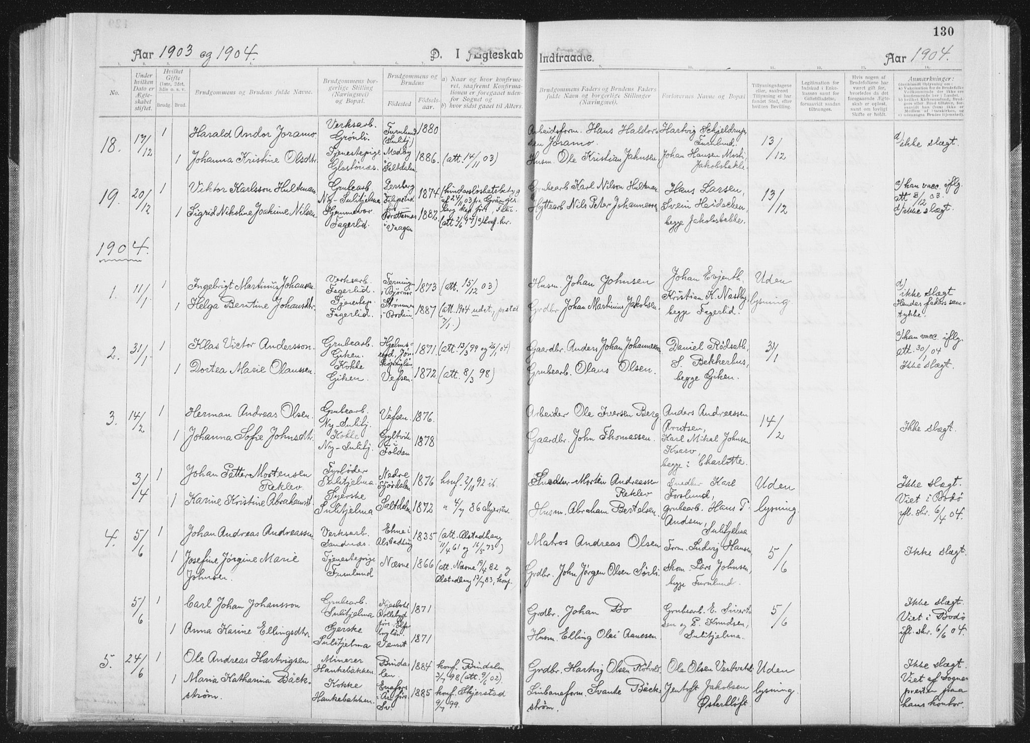Ministerialprotokoller, klokkerbøker og fødselsregistre - Nordland, SAT/A-1459/850/L0711: Curate's parish register no. 850B01, 1902-1915, p. 130