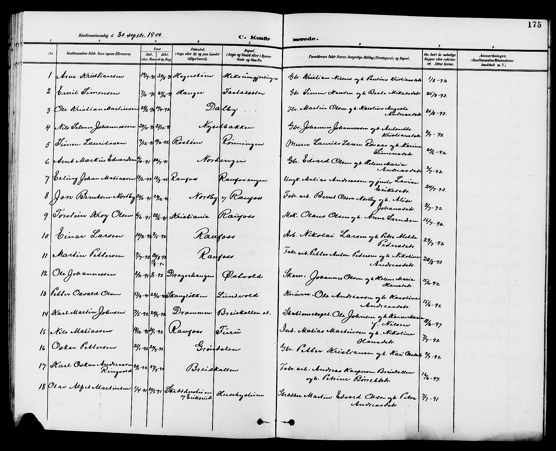 Vestre Toten prestekontor, SAH/PREST-108/H/Ha/Hab/L0010: Parish register (copy) no. 10, 1900-1912, p. 175