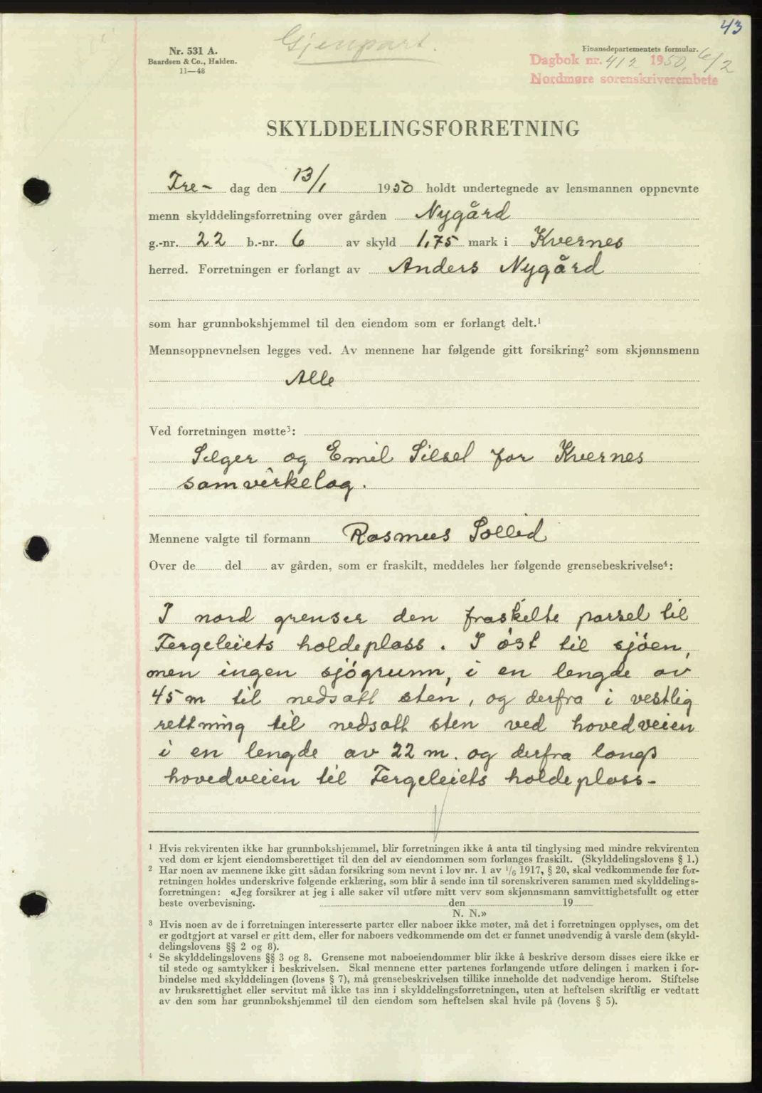 Nordmøre sorenskriveri, AV/SAT-A-4132/1/2/2Ca: Mortgage book no. A114, 1950-1950, Diary no: : 412/1950