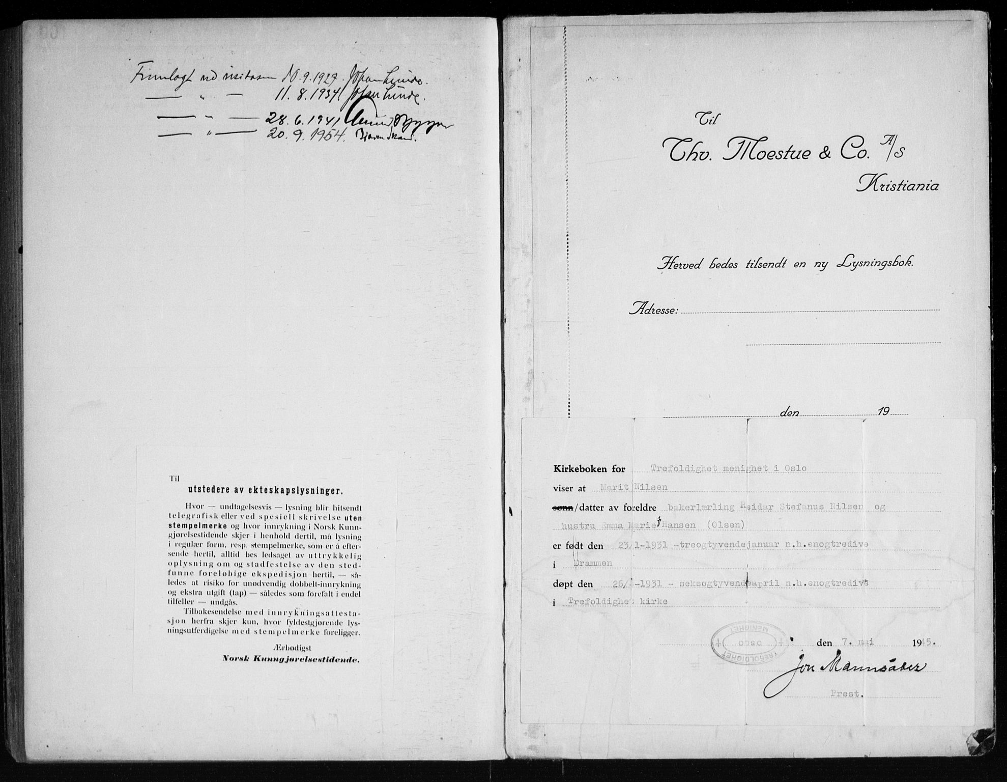 Hof kirkebøker, SAKO/A-64/H/Ha/L0001: Banns register no. 1, 1919-1957